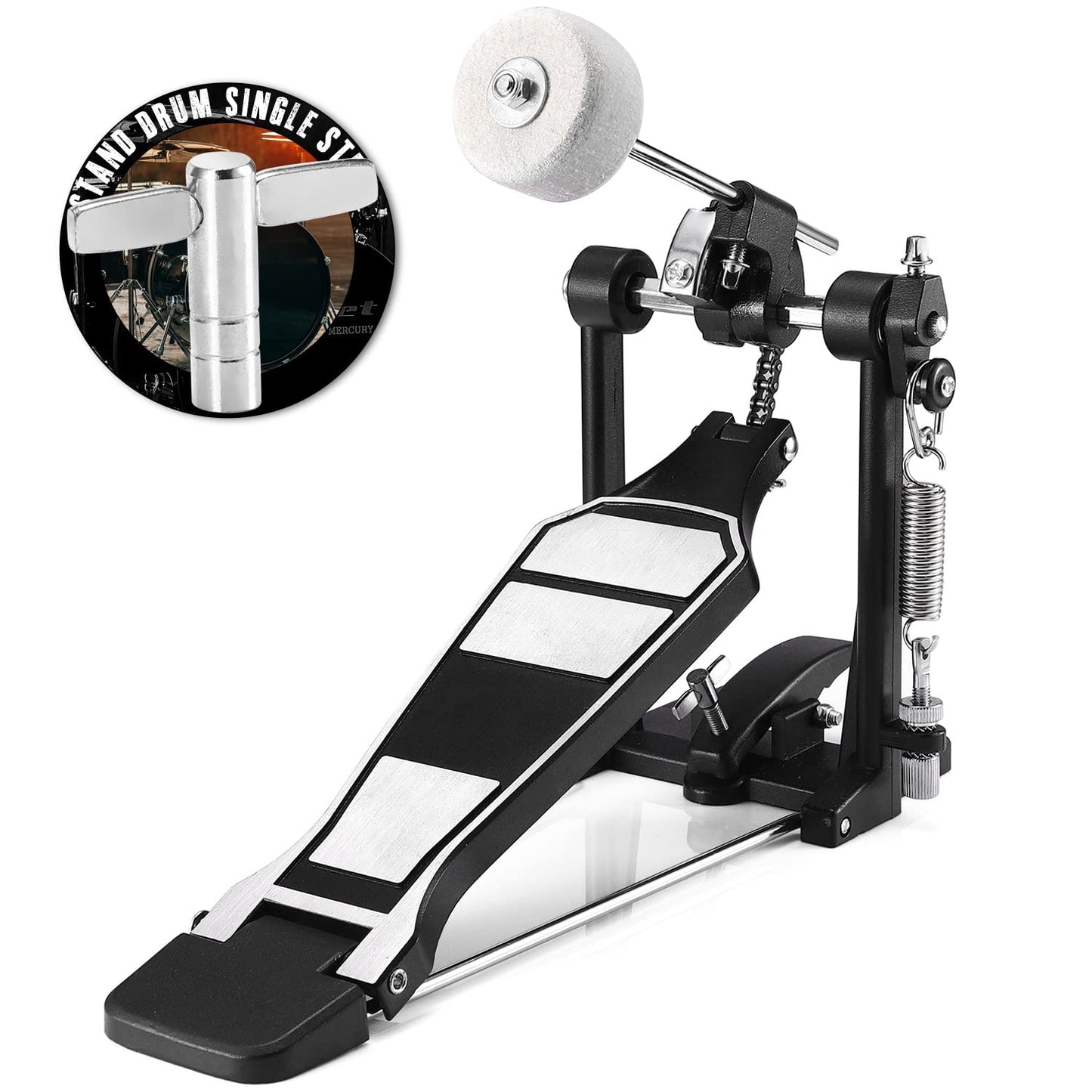 Facmogu Single Kick Bass Drum Pedal, Kick Drum Pedal Come with Classic Felt Beater Stick & Key for Foot Percussion Set Instrument, Single-Chain Heavy-duty for Beginner & Pro Drummers