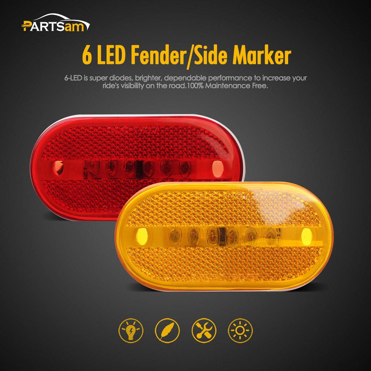 Partsam 14Pcs 4 Inch Rectangle Trailer RV 6 LED Side Marker Clearence Lights w Reflex Lens [DOT Certified] Sealed Waterproof Running Light for Truck Camper Motorhome, Surface Mount, 12V (7Amber+7Red)