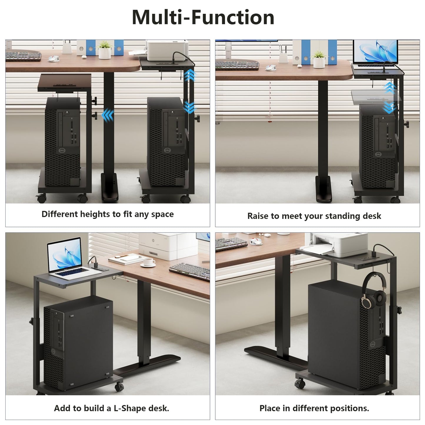 Computer Tower Stand with LED Light Strip, Mobile Rolling CPU Holder, Height Adjustable PC Tower Stand with Charging Station for Office Home (Black)