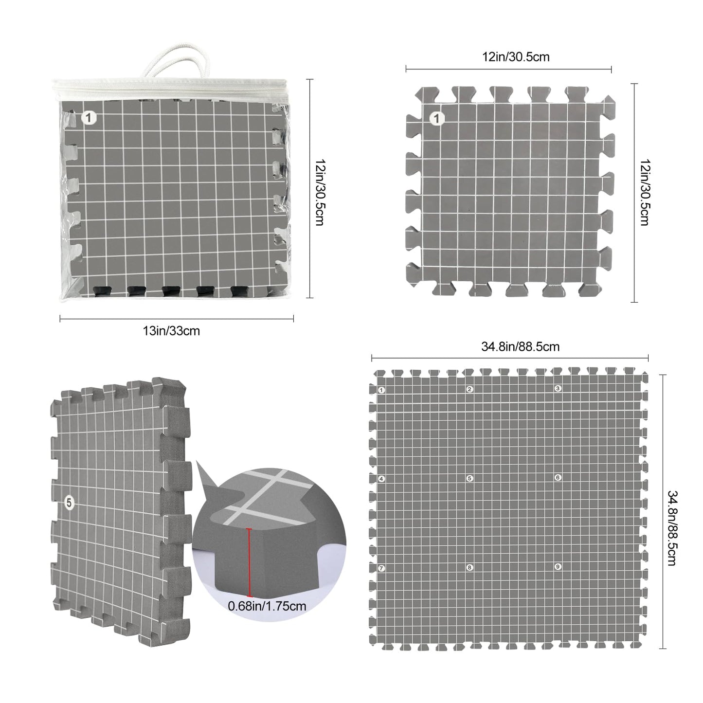 Mevome Blocking Mats for Knitting, Extra Thick Block Boards Crochet Projects with Grid Lines Needlepoint Knit Crocheting, 9 Foam Interlocking Mat &200 T-pins &100 Locking Stitch Markers &Storage Bag (Gray)
