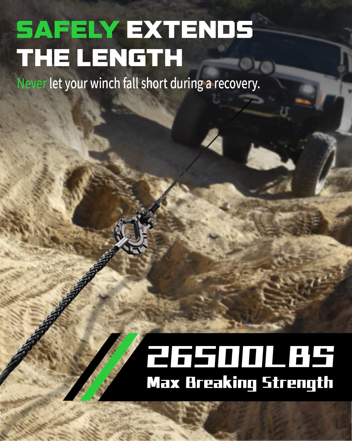 DAYDOOR 3/8'' x 50Ft Synthetic Winch Rope Extension, 26,500 Lbs Winch Extension Rope for Off Road Recovery,Synthetic Extension Line Suitable for ATV UTV SUV (Gray)