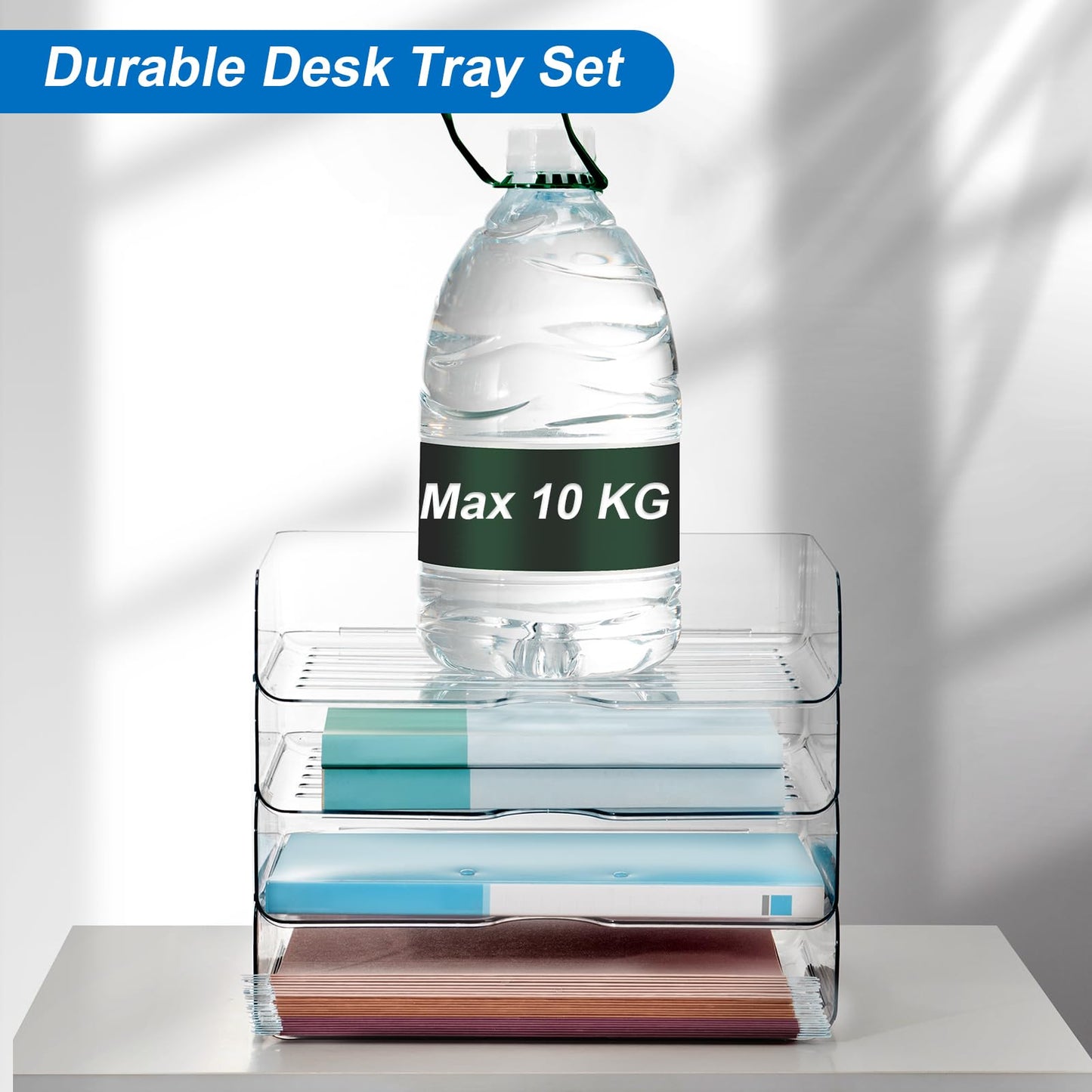 Desk Organizer and Tray, 4-Tier Paper Letter Tray, Stackable Clear Desktop Organizer for Documents, Paper, Books and Magazines, Office Supplies (Clear, 4 Pack)