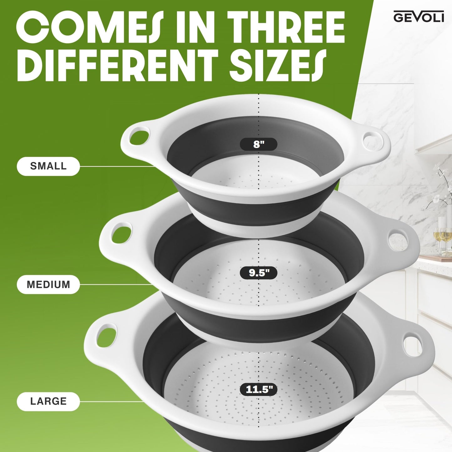 Gevoli (Set of 3 Sizes) Collapsible Colanders with Self-draining Base for Edge of Sink - Plastic Food Strainer (White)