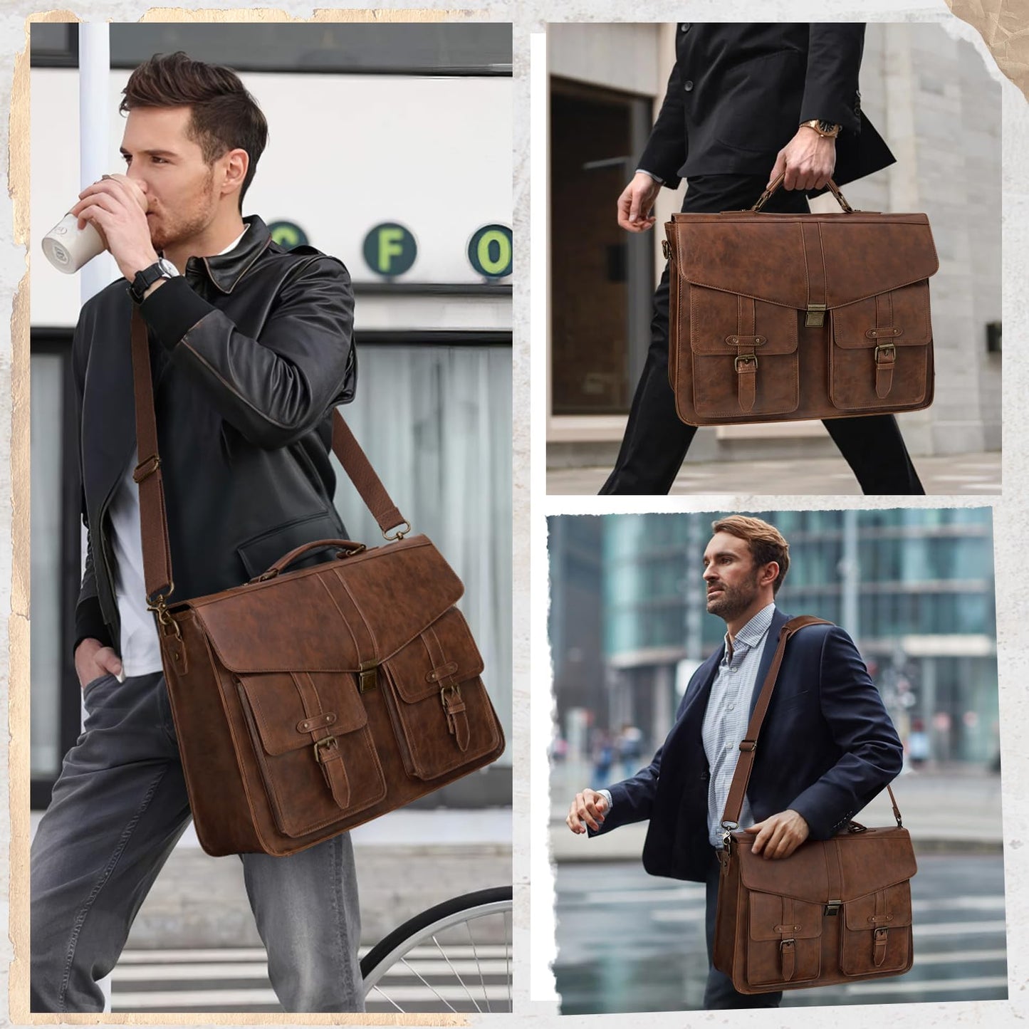 RAINSMORE Mens Messenger Bag 17 Inch Laptop Briefcase Waterproof Leather Satchel Bag Professional Computer Shoulder Bag for Work, Office, Travel, Business, College, Brown