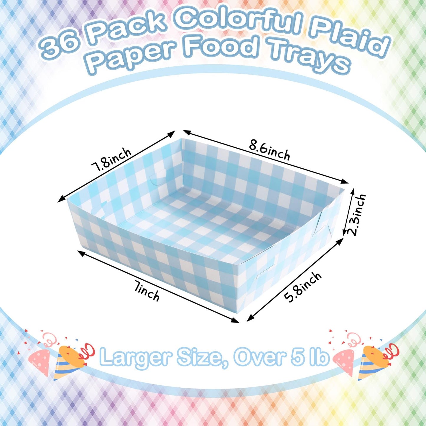 Suclain 36 Pack Light Blue and White Gingham Paper Trays 5 lb Grease Resistant Large Snack Serving Trays Disposable Food Boats for Christmas Wedding Party Baby Shower Supplies