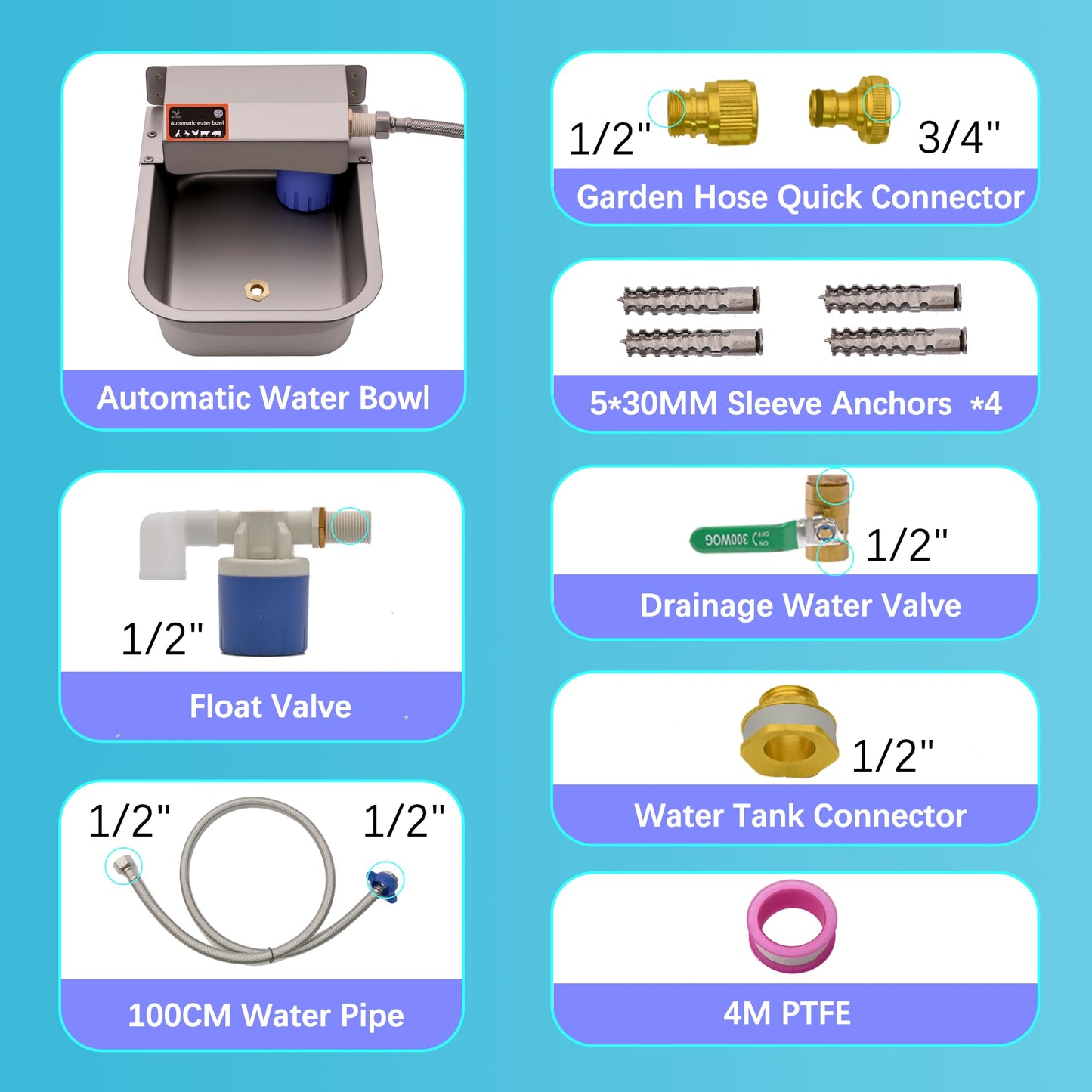 Boajf Automatic Dog Water Bowl, with Drainage System, Stainless Steel Auto Pet Waterer for Outdoor Yard, Includes Drain Valve, Float Valve, Hose Quick Connector, for Small Animal (1 Quart)