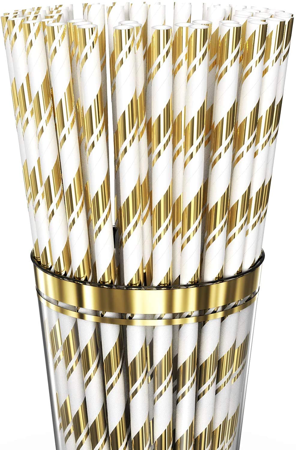 12 oz Gold Rim Plastic Cups with Eco-Friendly Paper Straws - 100 Elegant Clear Rimmed Cocktail & Dessert Tumblers for Weddings & Special Events - Reusable - with Drinks Recipe eBook