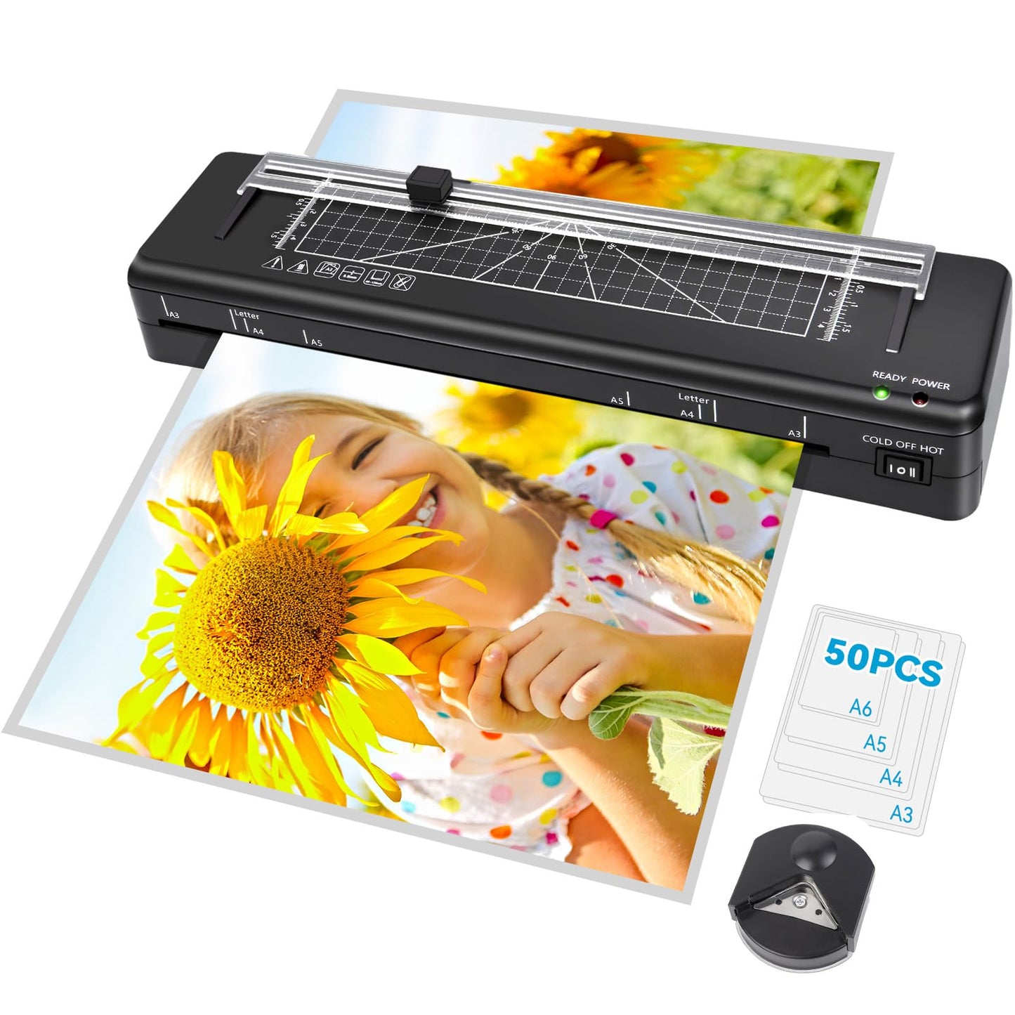 Laminator Machine A3 Laminating Machine with Built-in Trimmer, Fast Warm-up 13 Inch Cold and Thermal Lamination with 50 Laminating Sheets, 5-in-1 Portable Laminators for Home Office School Use