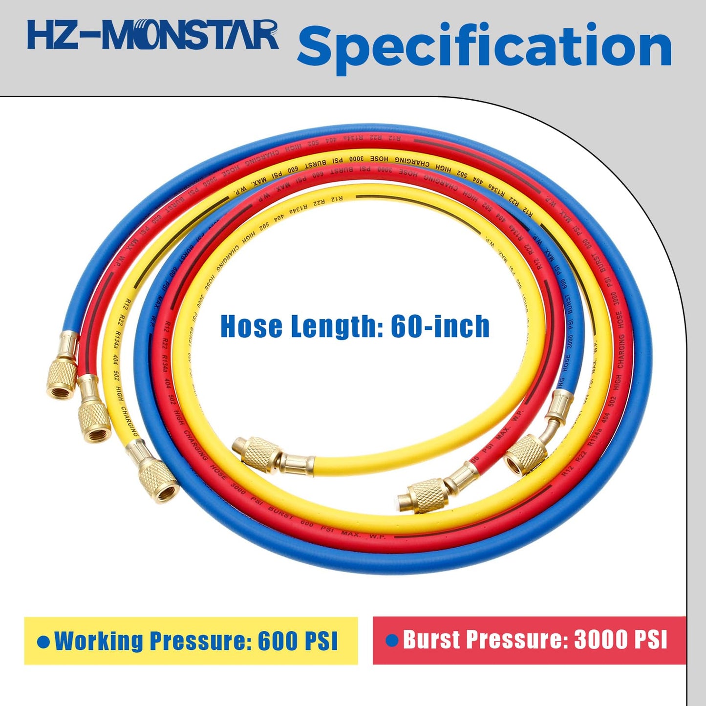 AC Charging Hoses Tube, 60" Refrigerant Charging Hose 1/4" SAE Thread Fits for R12 R22 R502 Car Air Conditioning and HVAC Manifold Gauge Hose Kit (3000~600) PSI
