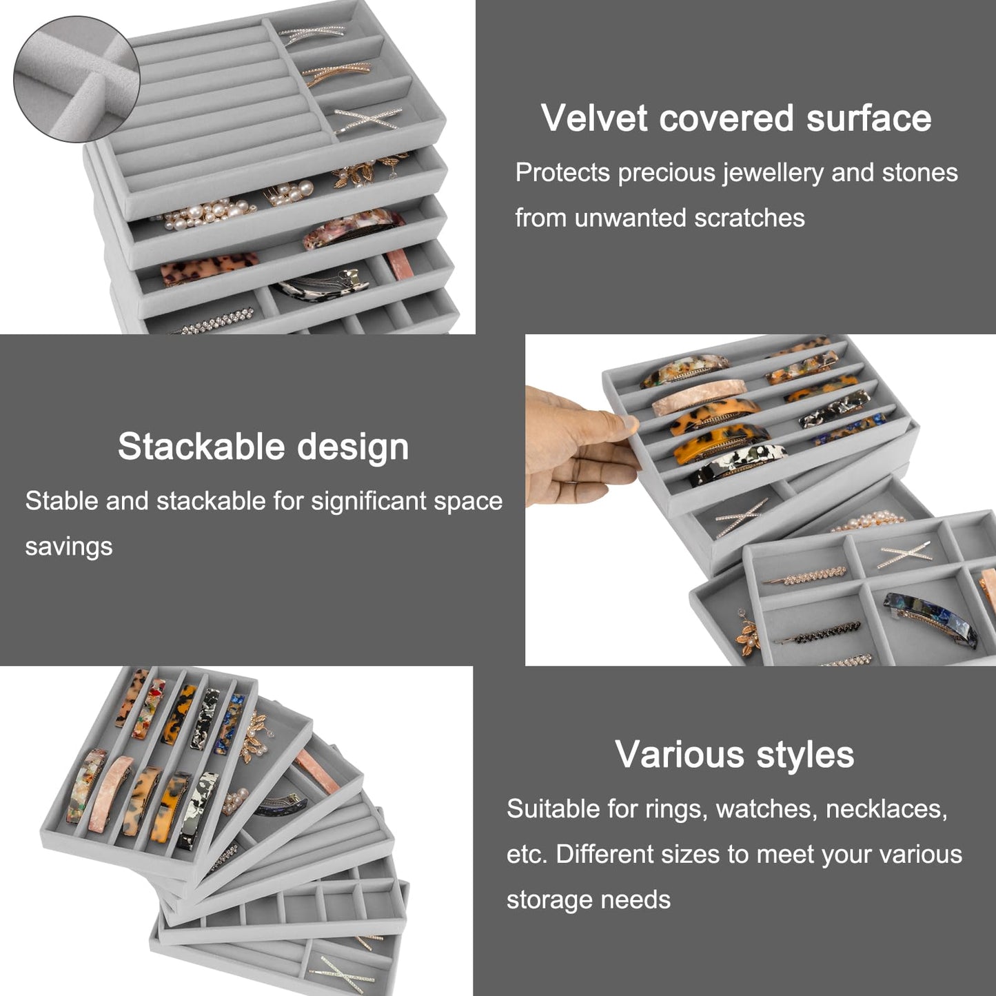 12Pcs Velvet Stackable Jewelry Trays, FHDUSRYO Jewelry Drawer Organizer, Large Removable Display Jewelry Tray, Necklace Bracelet Storage Box for Earring, Ring, Brooch, Watch (Grey)