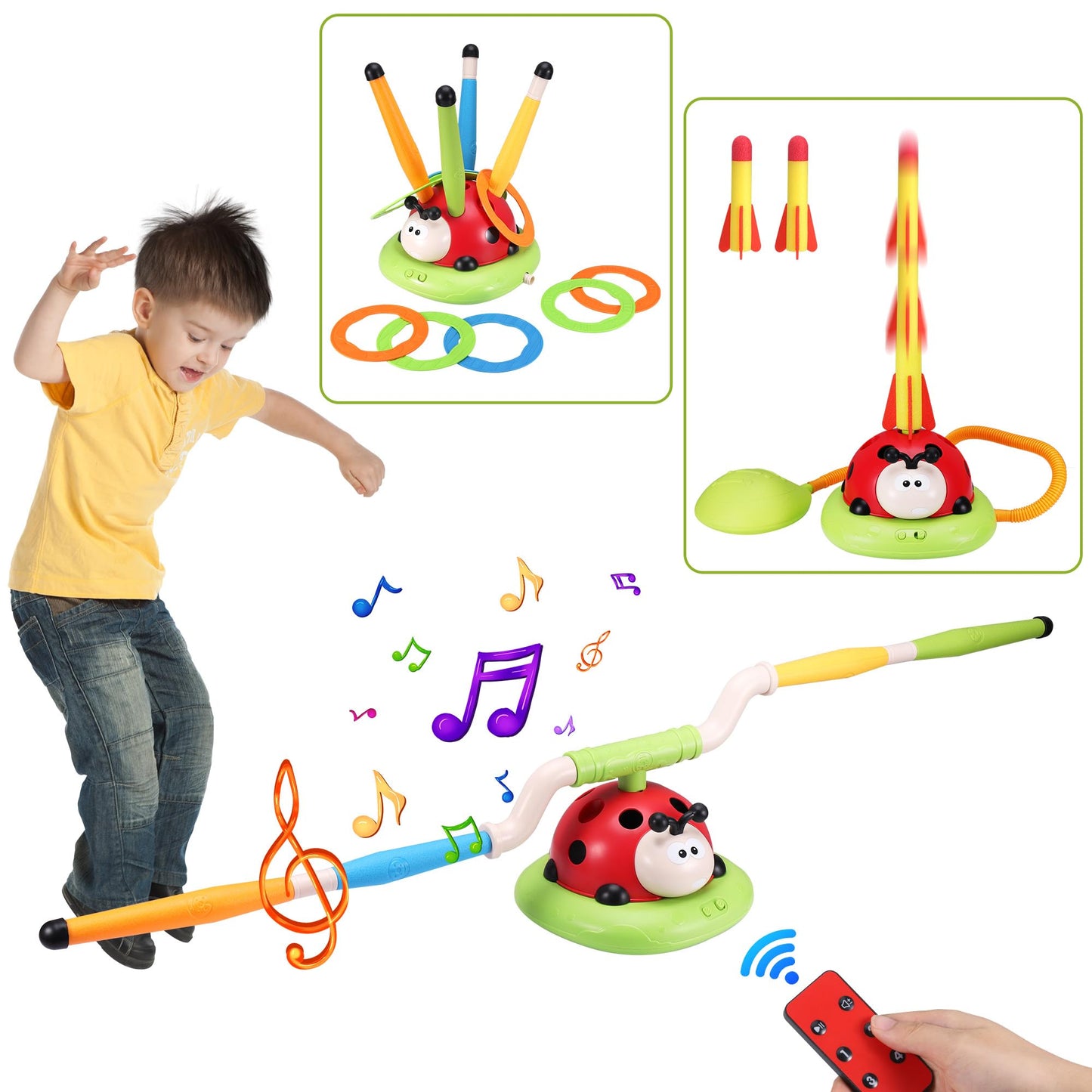3 in 1 Children's Sports Set, Musical Jump, Toss Ring Game Toys, Stomping Launch Rocket Launcher for Kids, Sports Outdoors Toy for Ages 5-7 with Remote Control Outside Toys for Kids Ages 3 4 5 6 7 8 9