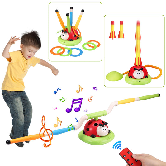 3 in 1 Children's Sports Set, Musical Jump, Toss Ring Game Toys, Stomping Launch Rocket Launcher for Kids, Sports Outdoors Toy for Ages 5-7 with Remote Control Outside Toys for Kids Ages 3 4 5 6 7 8 9