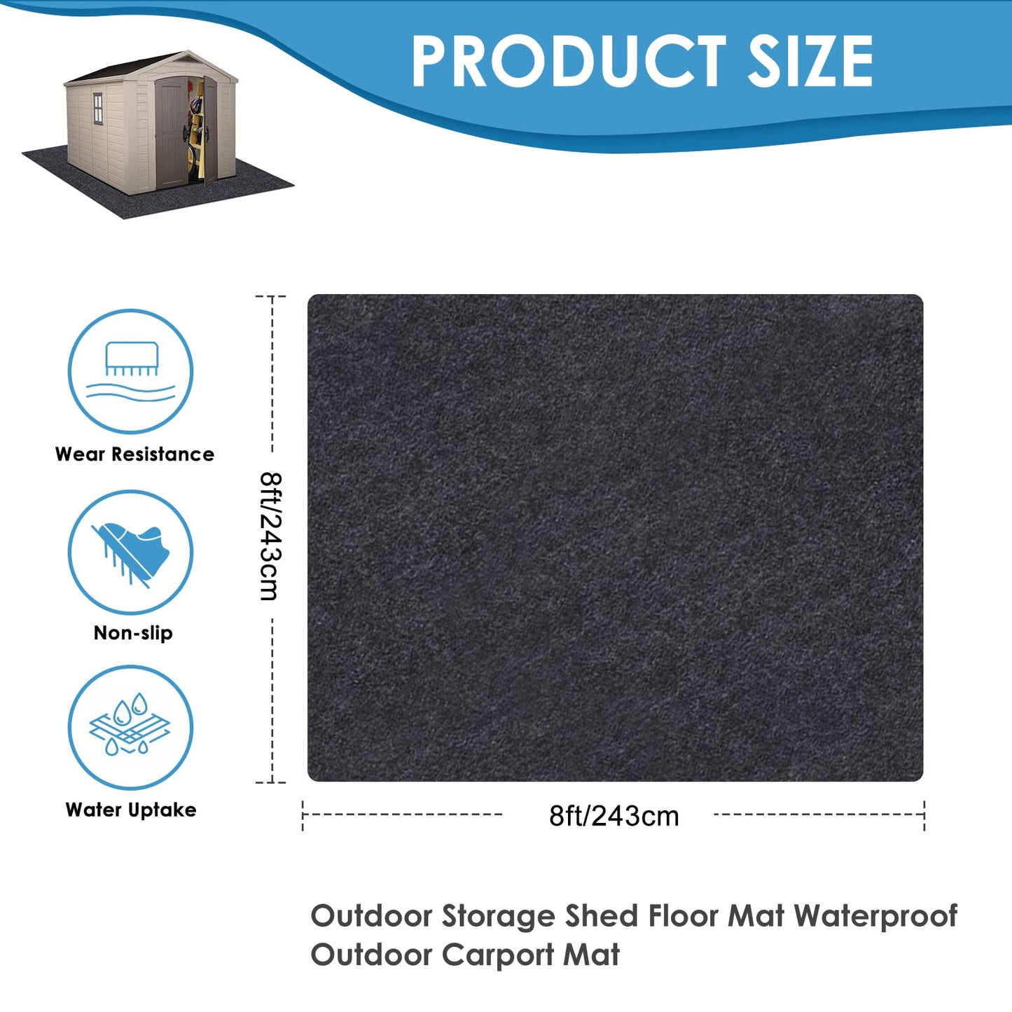 Meitola Outdoor Storage Shed Mat，Waterproof and Dustproof Outdoor Carport Mat—Backing Prevents Liquid Penetration，Soft Material, Patio Furniture Mat，Non-Slip ，Washable ,Black (8' x 8')