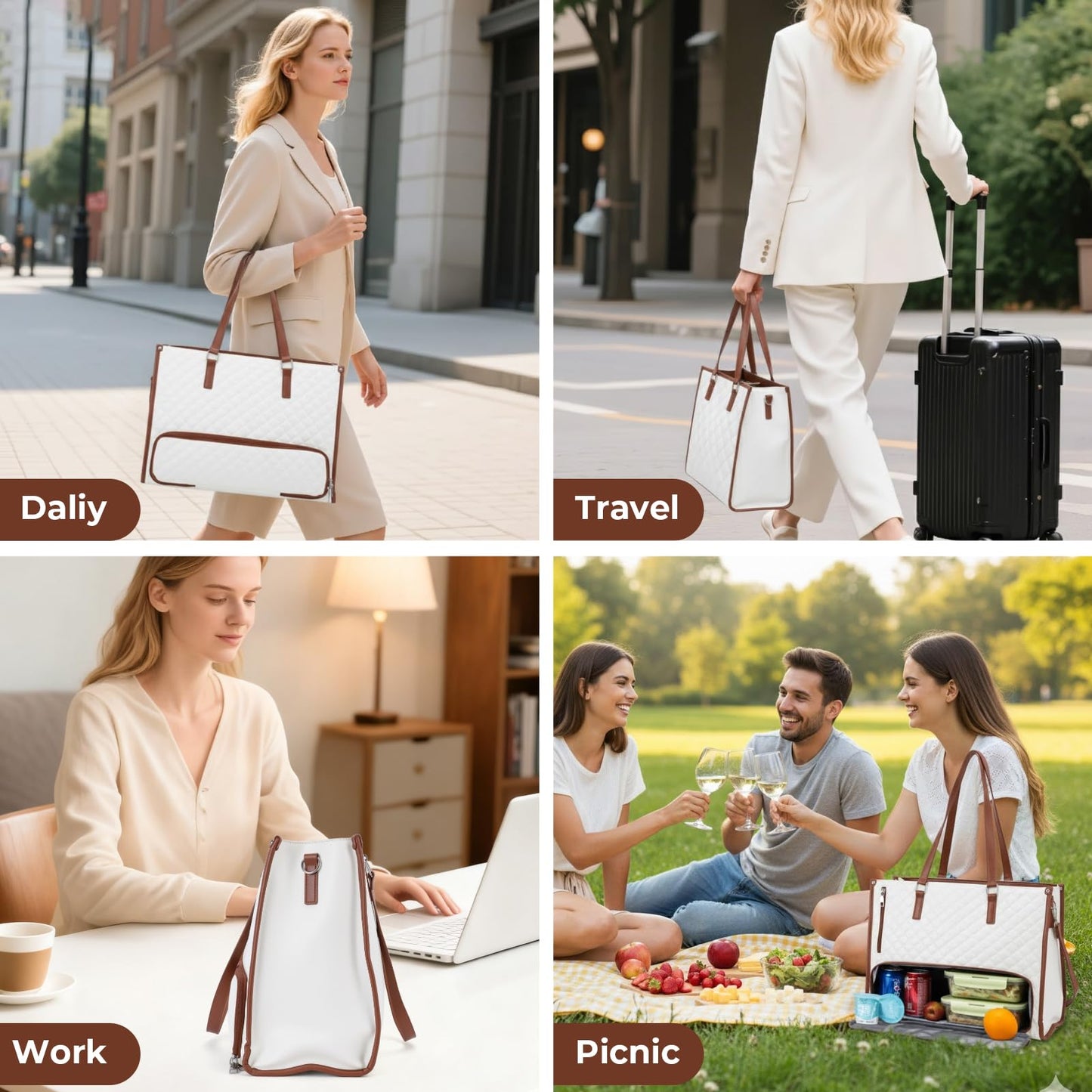 Lunch Work Tote Bags for Women, 15.6 Inch Laptop Bag with Insulated Lunch Compartment, 2 in 1 Tote Bag Lunch Bag Combo with Small Purse and Shoulder Strap for Work, University, Office, Picnic (White)