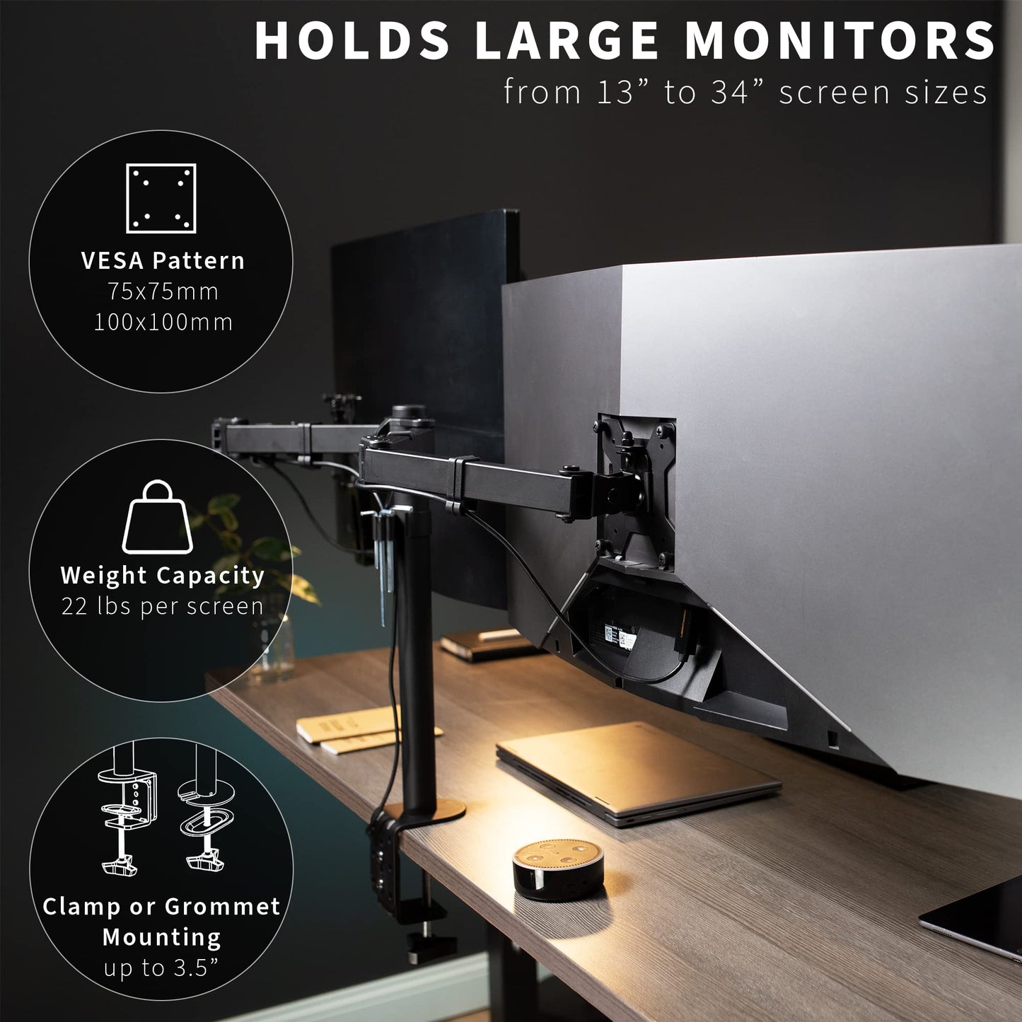 VIVO Full Motion Dual Monitor Desk Mount Clamp VESA Stand w/Double Center Arm Joint, Fits up to 34 inch Screens, STAND-V102D