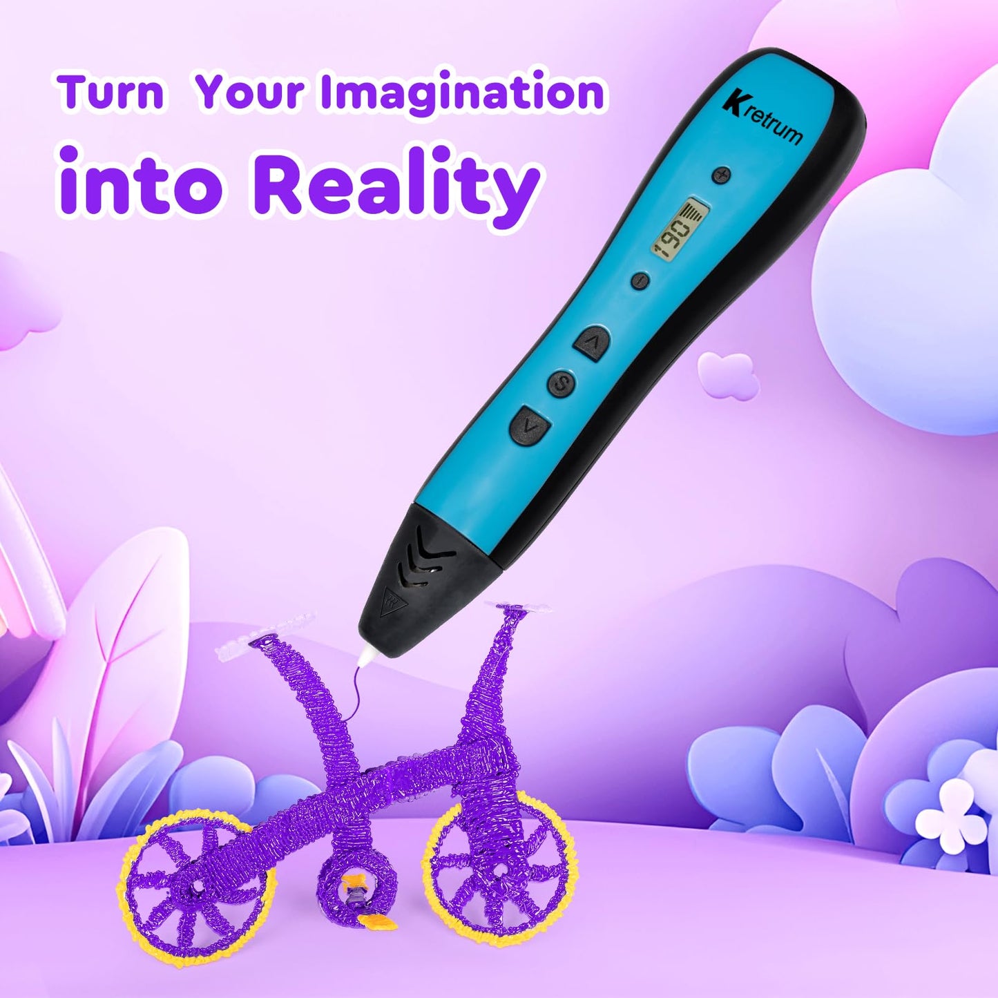 Kretrum 3D Pen | 3D Printing Pen with LCD Display | 3D Painting Pen with 1.75mm PLA Filament, Fingerstall, Pen Holder, Stencil Book, Charger | Best Gift Crayon 3D Stylo 3D Blue