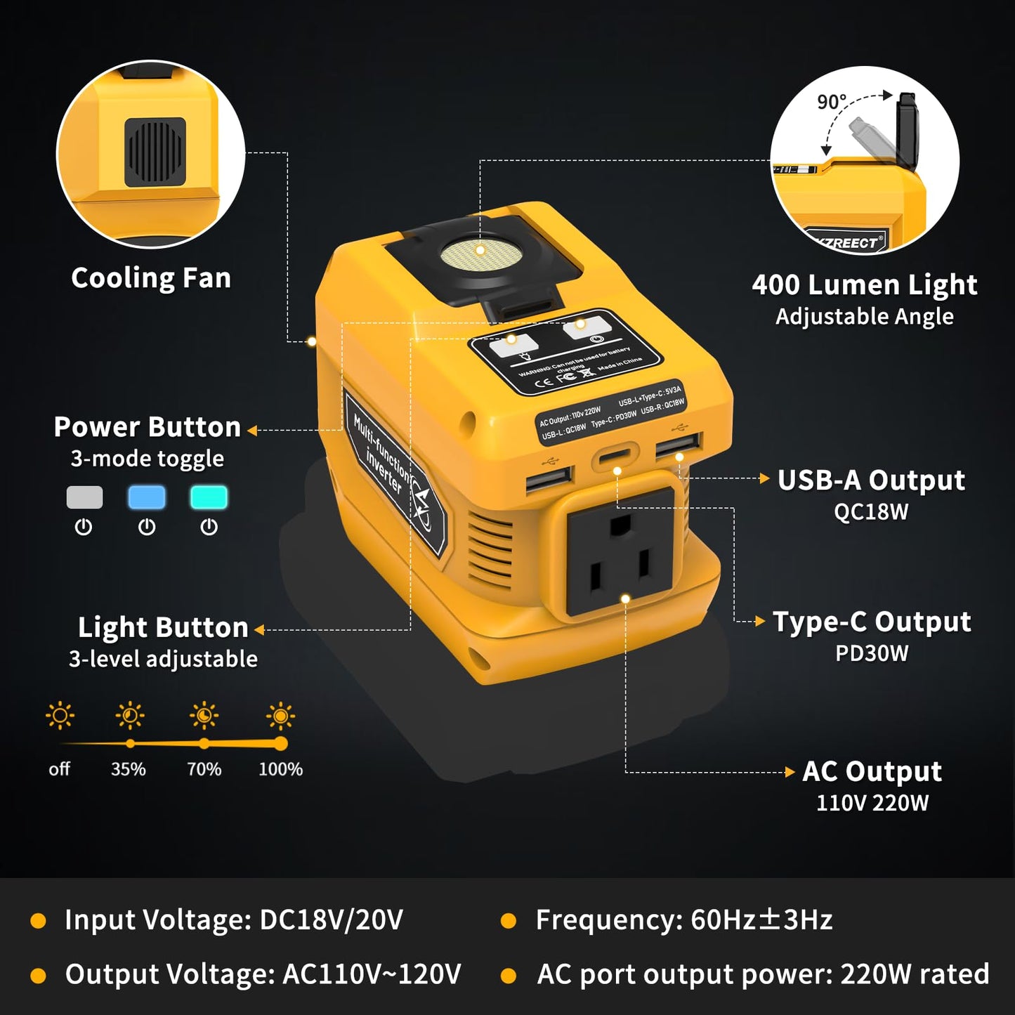 Kzreect 220W Power Inverter Compatible with Dewalt 20V Batteries (Battery Not Included) DC to 110V AC, 400 Lumen