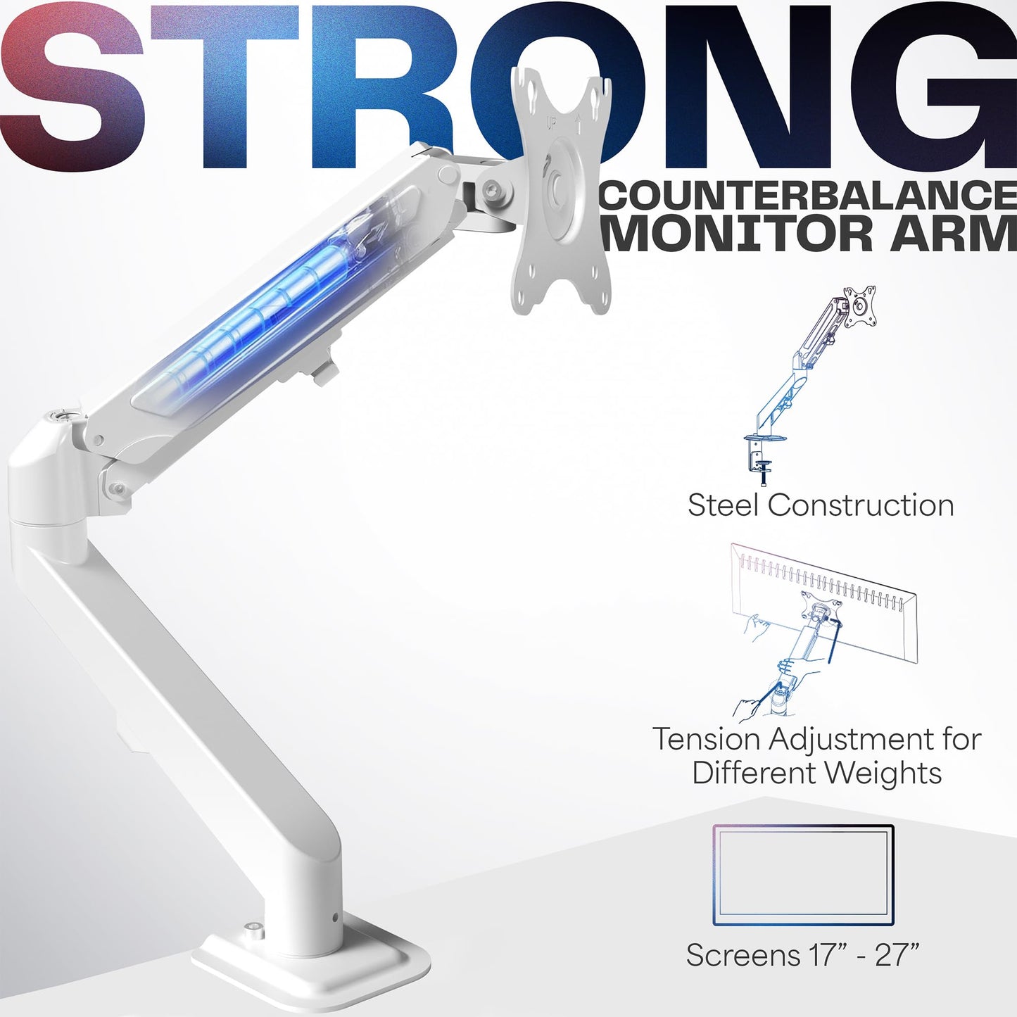 VIVO Heavy Duty Single Monitor Tension Arm for up to 27 inch Screens, Holds 14.3 lbs, Premium Desk Mount Stand, White, STAND-V101OW