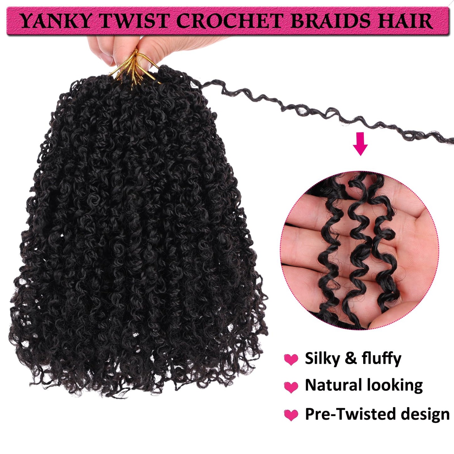 Unionbeauty 8 Packs Pre-looped Yanky Twist Crochet Braids Hair 8 Inch 30 Strands/PCS Natural Black Pre-twisted Passion Twist Boho Crochet Braid Hair with Curly Crochet Hair Senegalese Twist Braids 1B#