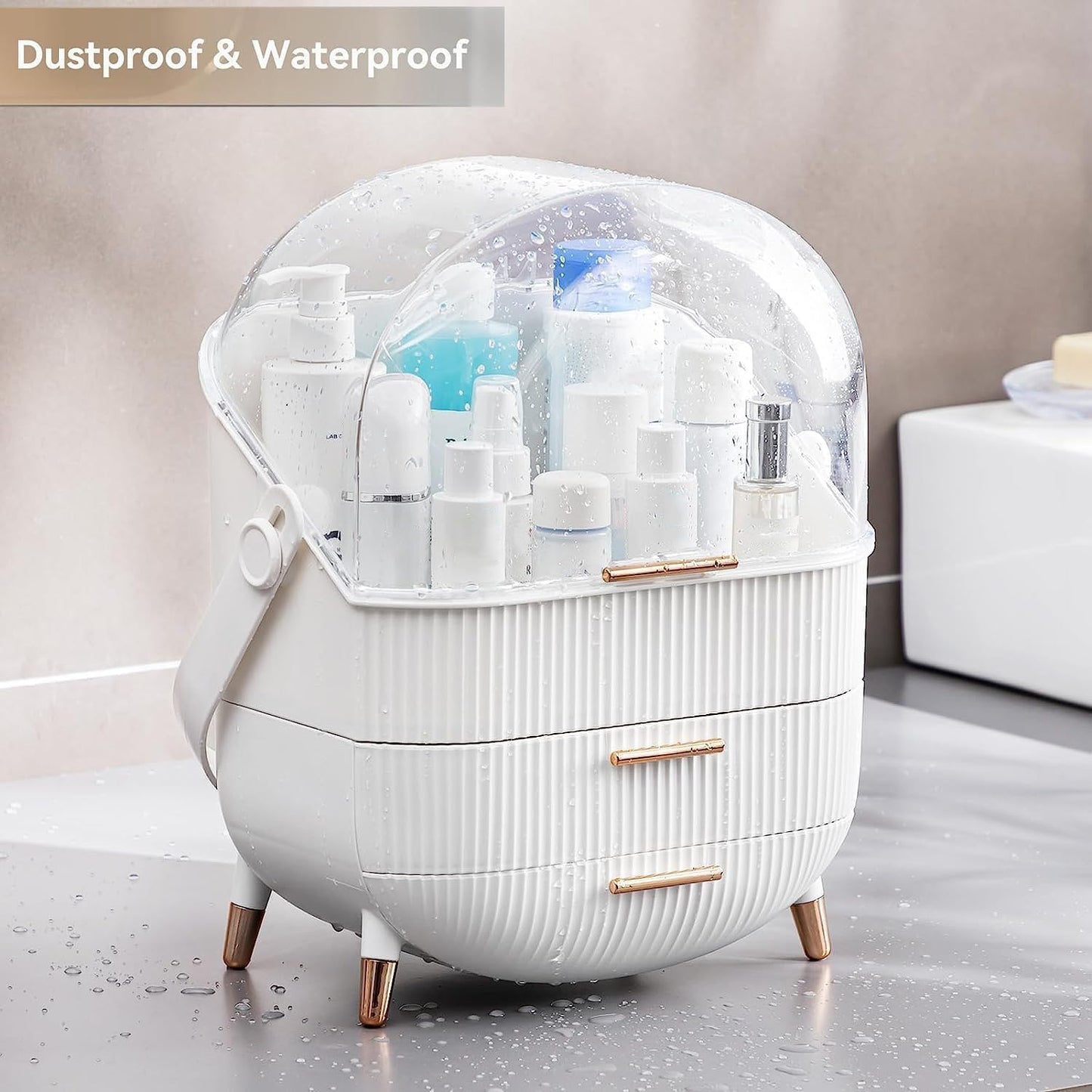 Makeup Organizer Storage Box, Cosmetics Display Case with Transparent Cover, Dust Waterproof Cosmetics Storage Box Suitable for Bathroom Countertop and Bedroom Vanity Dresser (White)