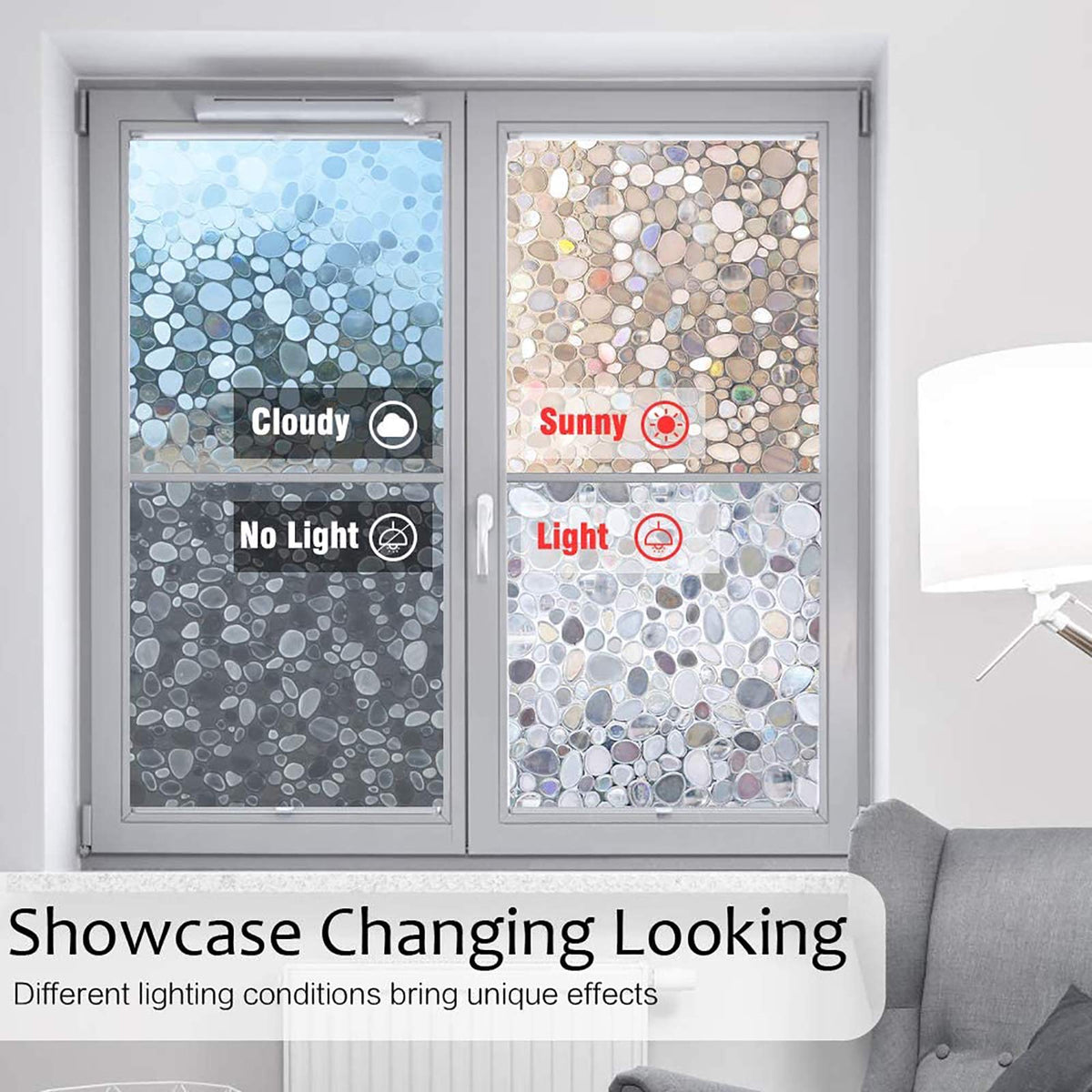 rabbitgoo Window Films for Privacy, Anti-UV Static Cling Decorative Glass Stickers, Removable Frosted Window Film, Privacy Glass Tint for Home Bathroom Door, 3D Pebble, 60x200cm