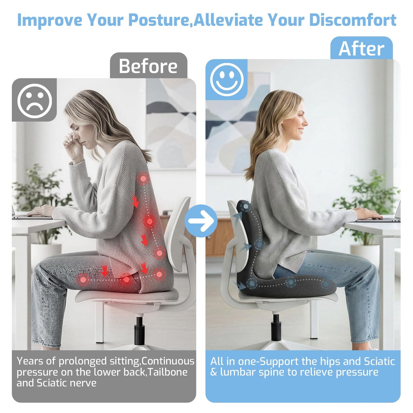 Ergonomic Seat Cushion,Memory Foam Office Chair Cushion with Lumbar Back Support, Design for Sciatica,Tailbone,Back Pain Relief for Office Chair, Car, Truck Driver,Comfort