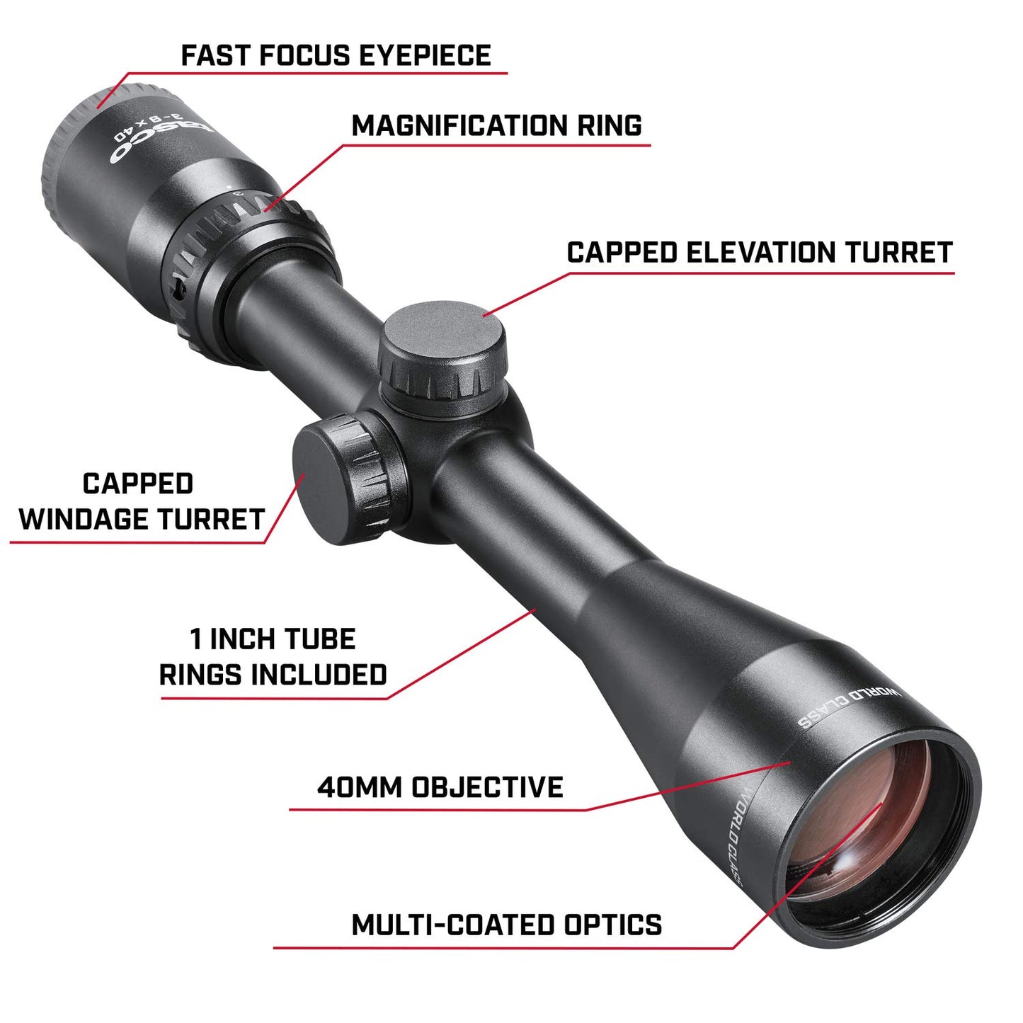 3-9x40 World Class Black Riflescope 30/30, w/Rings, Hang Box