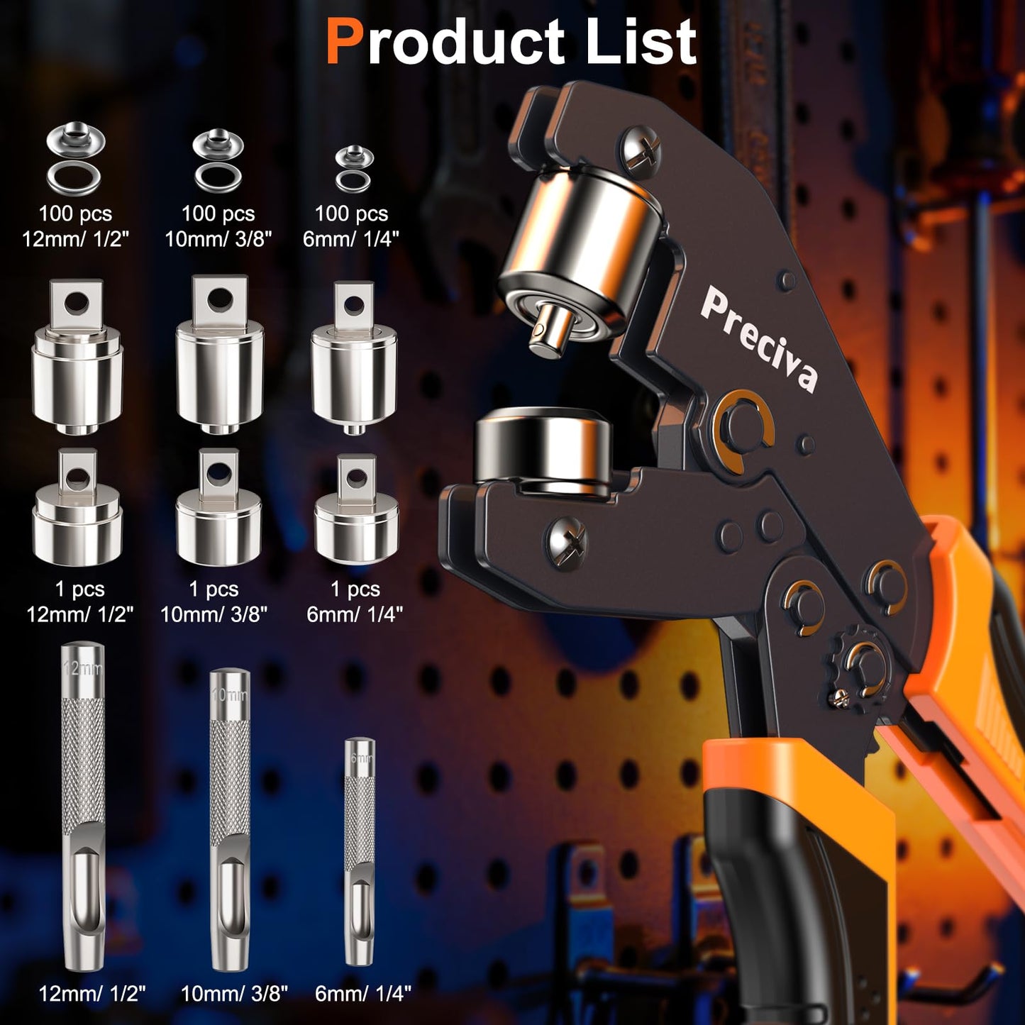 Preciva 3-Size Grommet Tool Kit - 6mm 10mm 12mm Hole Punch & Eyelet Setting Tool with 300Pcs Grommets | Handheld Eyelet Plier for Tarps, Tents, Canvas, Vinyl & Leather Crafting