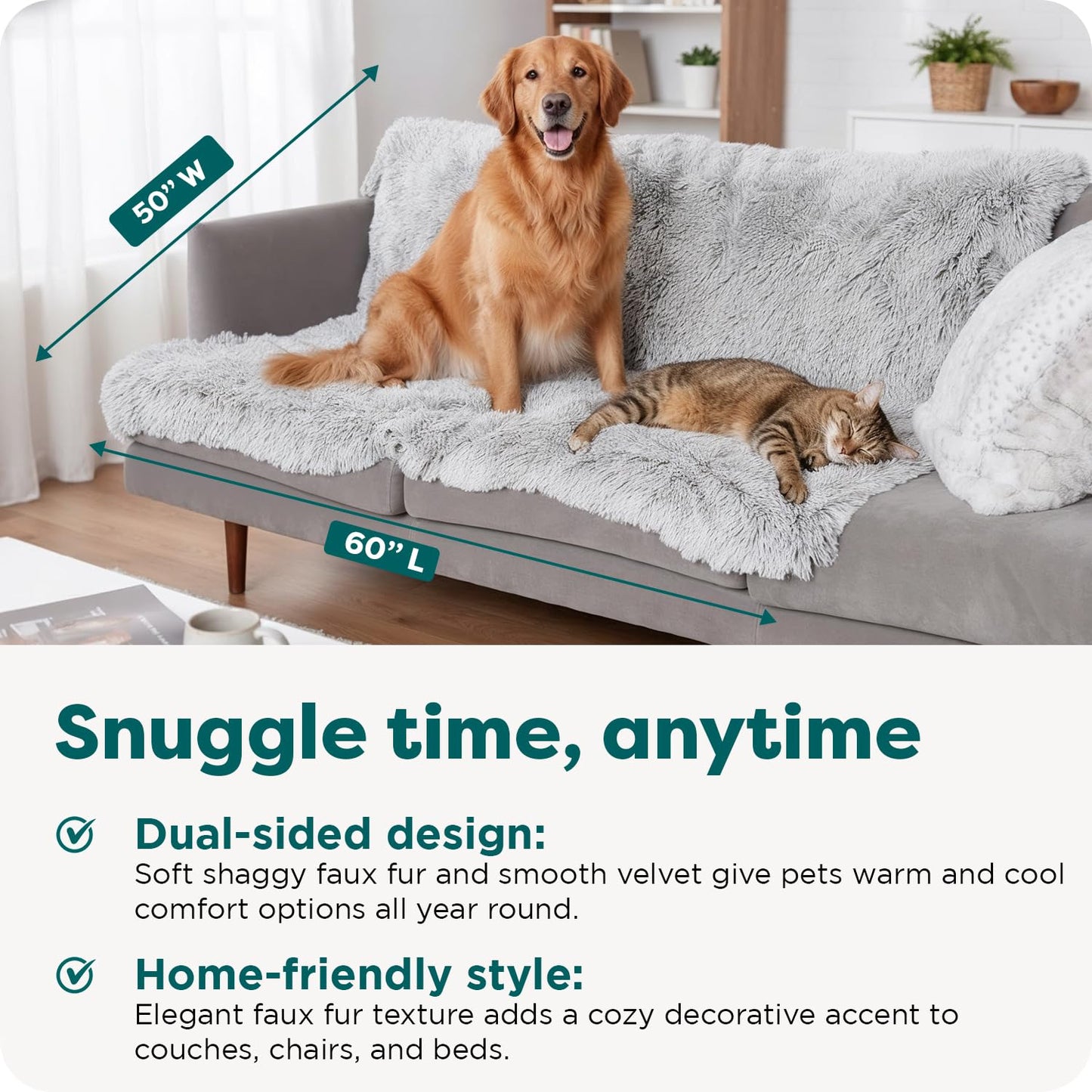 Furhaven XL Waterproof Calming Plush Long Faux Fur & Velvet Dog Blanket, Washable - Mist Gray, Extra Large