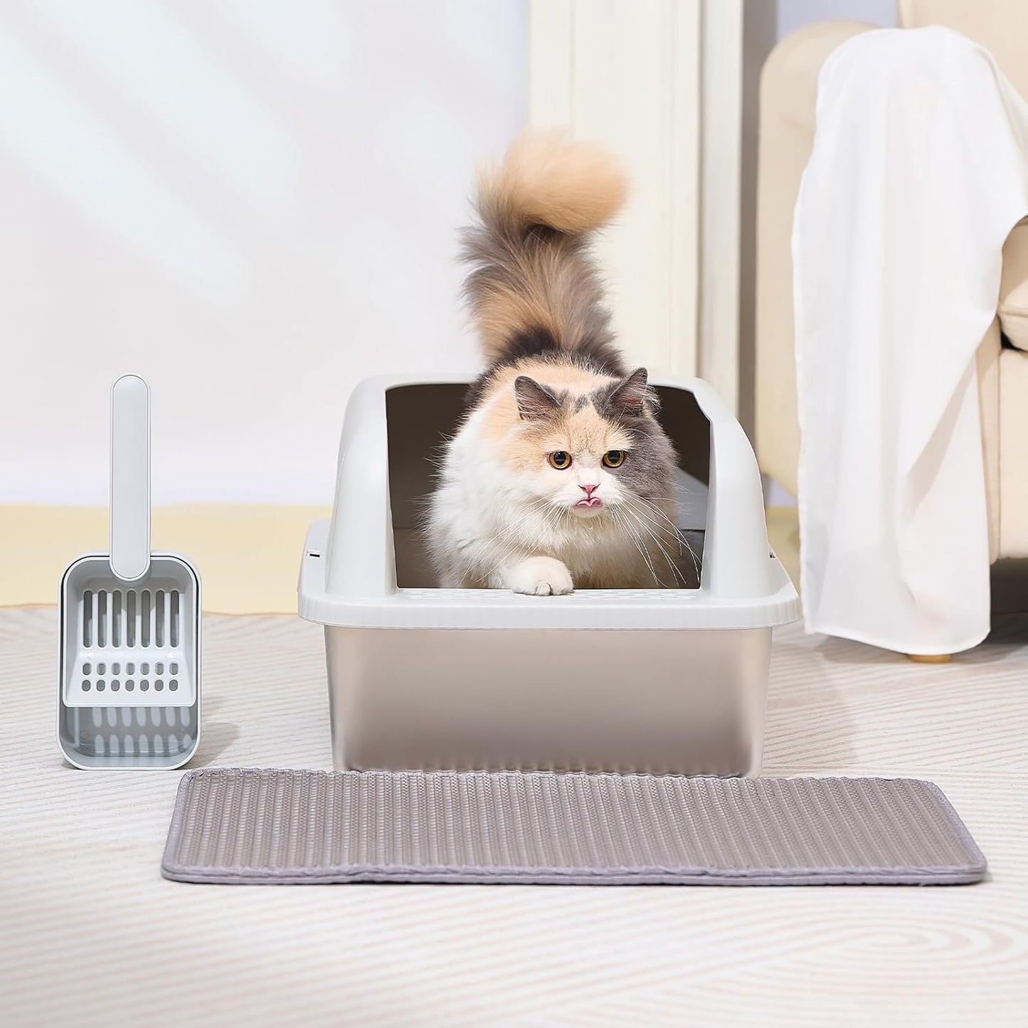 Stainless Steel Cat Litter Box with Lid, 20" L x 14.2" W x 11.8" H, Extra Large Litter Box for Big Cats with High Sided, Anti-Urine Leakage, Easy Cleaning (Light Grey)