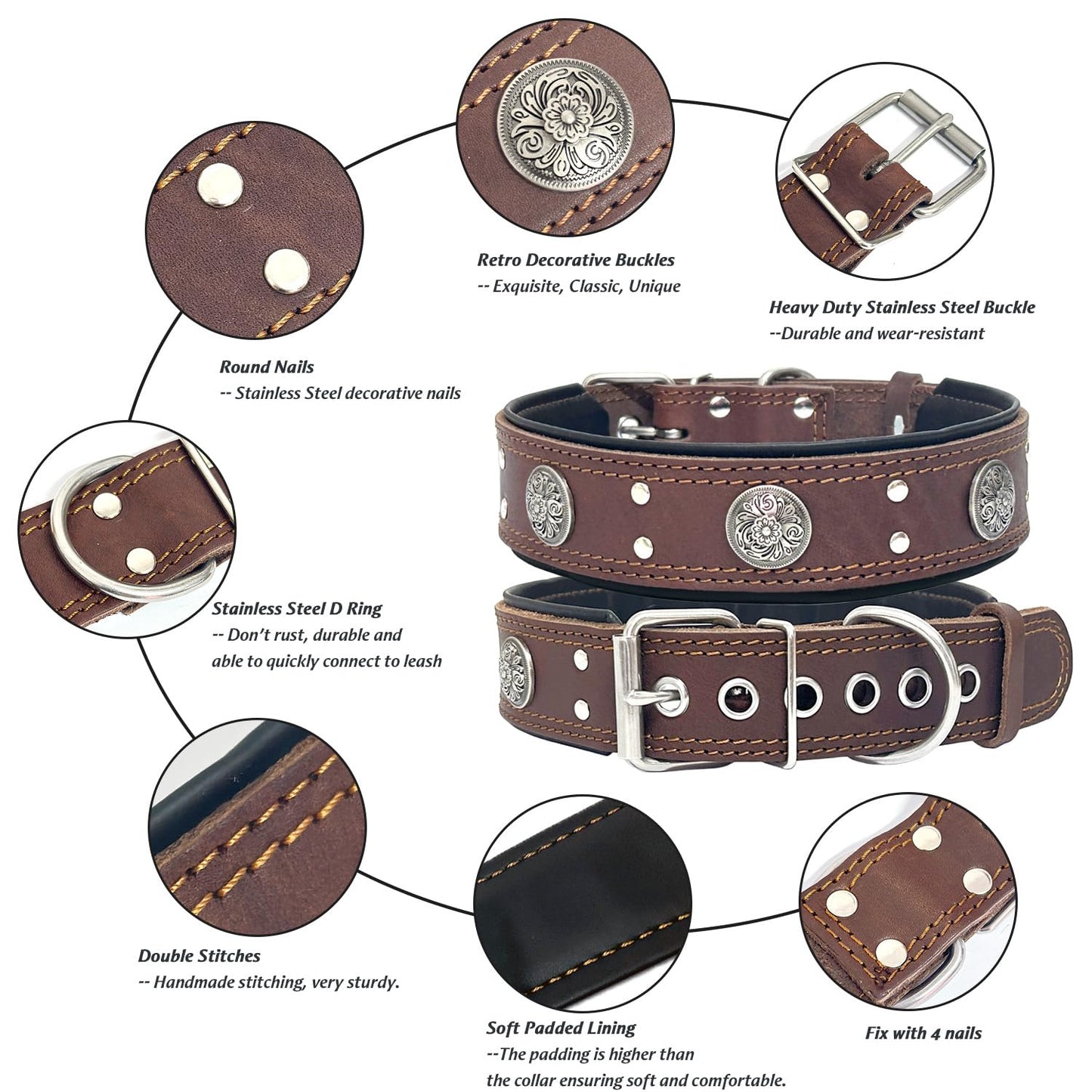 Leather Dog Collar for Large Medium Dogs, Heavy Duty 2 Inches Wide Dog Collars, Thick, Strong, Luxury and Studded Collar for Dogs Brown(19.5“-23.5”)