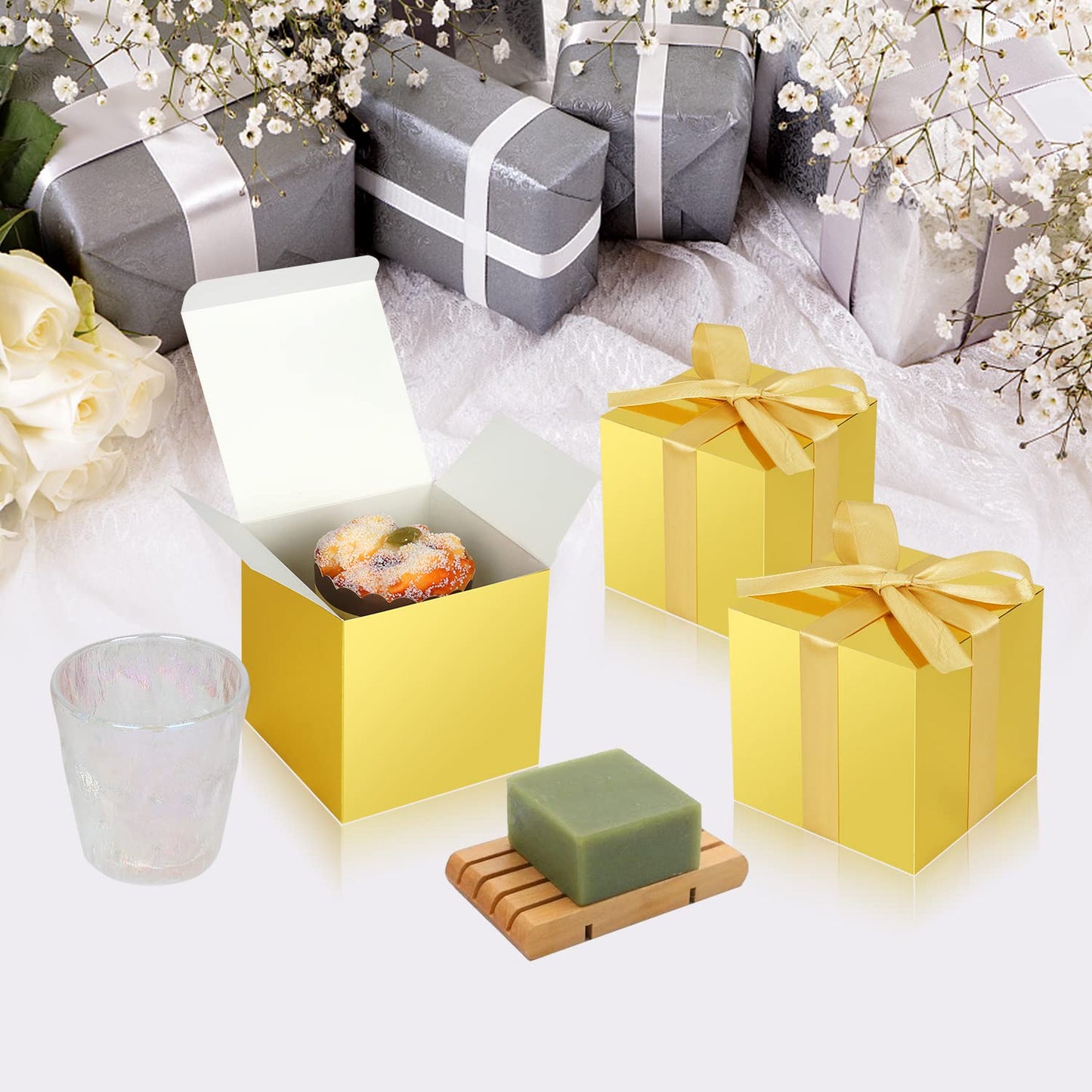 DOYIDE 100 Pack Small Gift Boxes, 4x4x4 Inches Favor Boxes Gold Paper Gift Boxes with Lids for Presents, Crafting, Cupcake Boxes, Gifts, Candy Boxes for Wedding Party Bridal Shower Baby Shower Favors