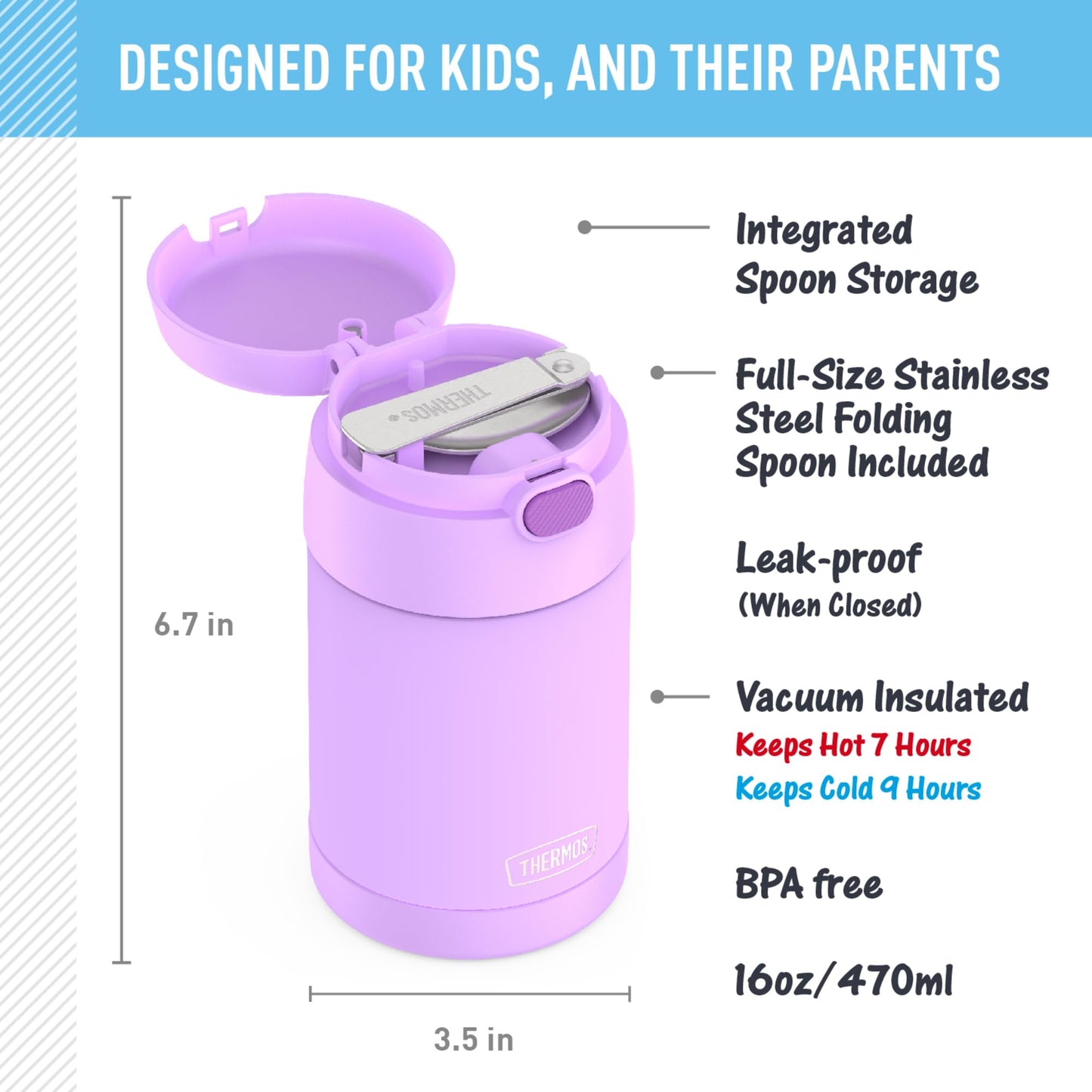 THERMOS FUNTAINER 16 Ounce Stainless Steel Vacuum Insulated Food Jar with Spoon, Neon Purple