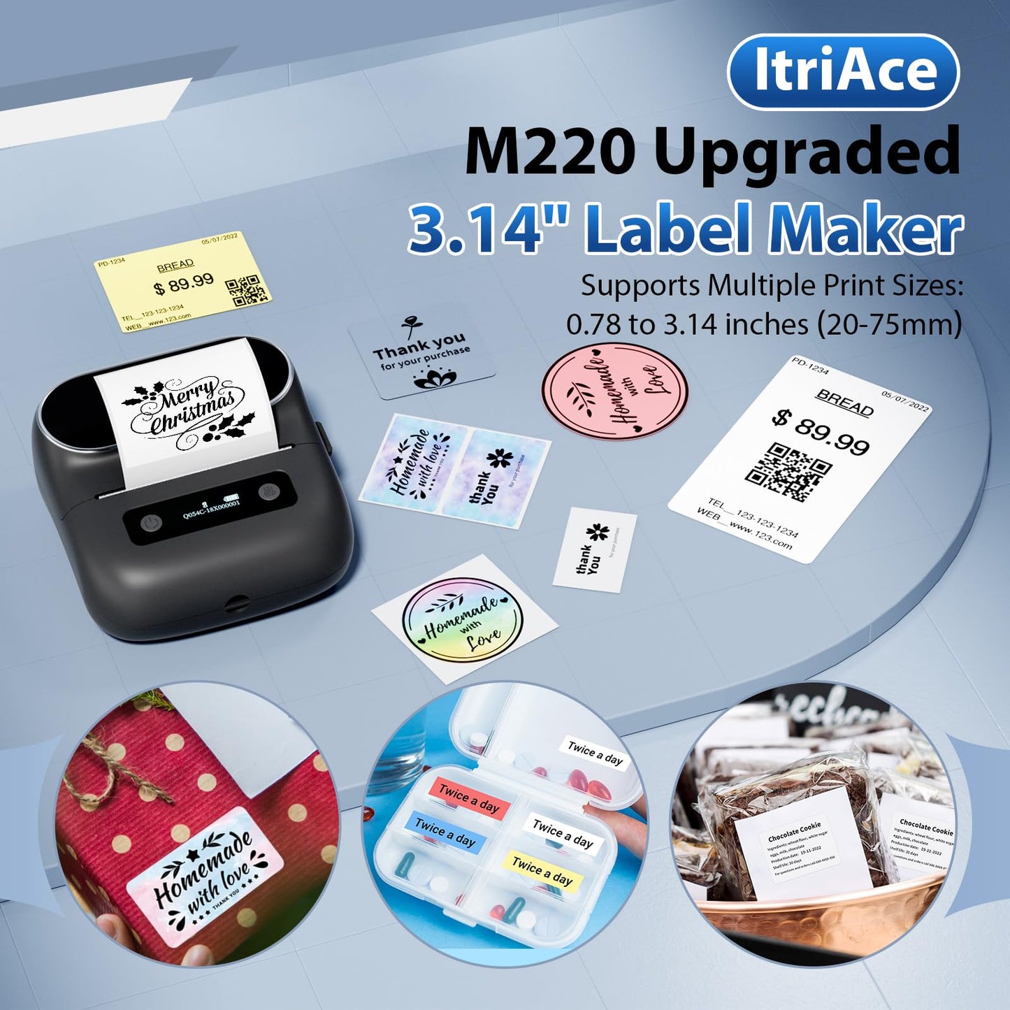 ItriAce M220 Label Printer, 3 Inch Label Maker, Thermal Barcode Printer for Halloween, Name, Address, Labeling, Mailing, Home, Office, Small Business, Compatible with Phones & PC, with 100 Labels