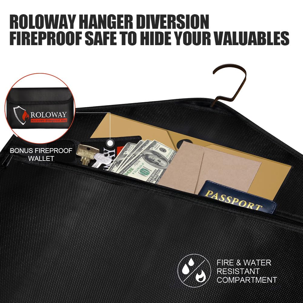 ROLOWAY Hanger Diversion Fireproof Safe, Hidden Compartment for Home & Travel, Secret Safe for Cash Hiding Under Clothes with Small Fireproof Bag