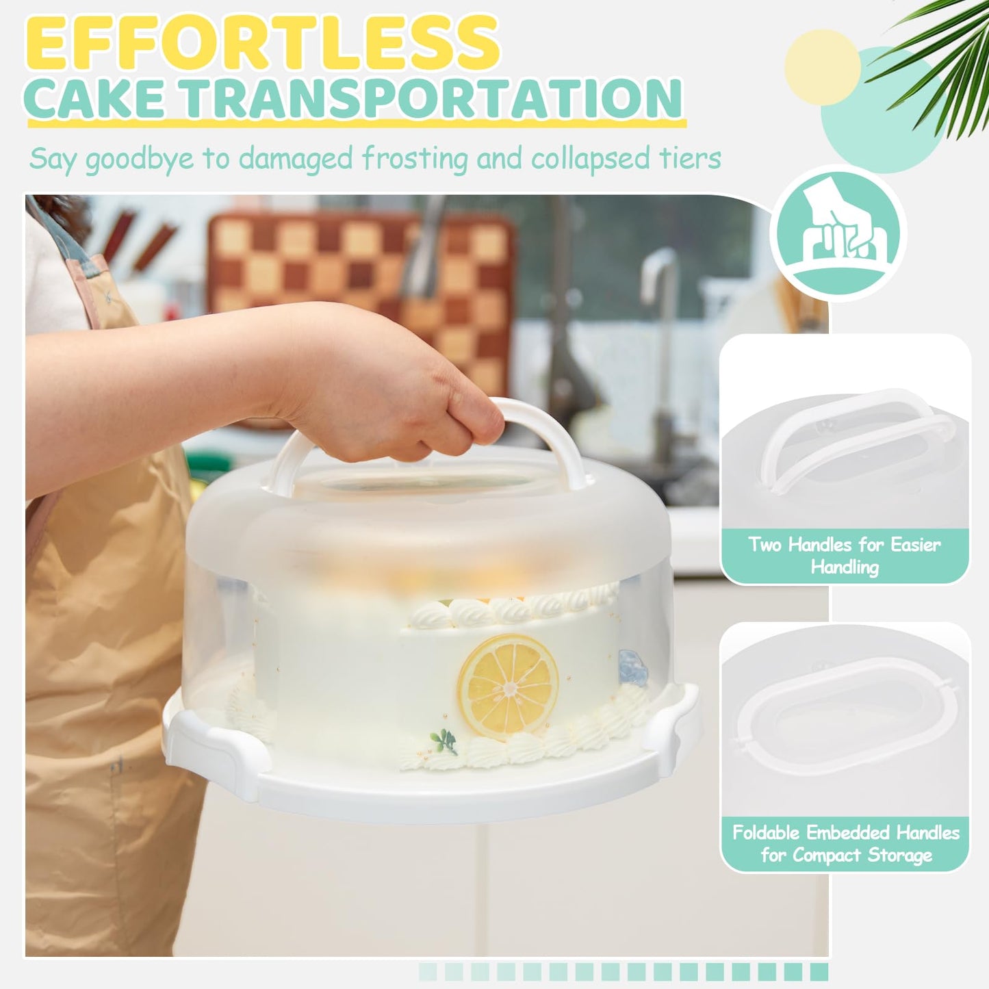 Ohuhu Cake Carrier with Handle, Portable Round Cake Box for 10 Inch Cake, Cake Storage Container with Cover Two Sided Base for Pies Nuts Fruit, Safe Storage & Transport, Great Gift Choice
