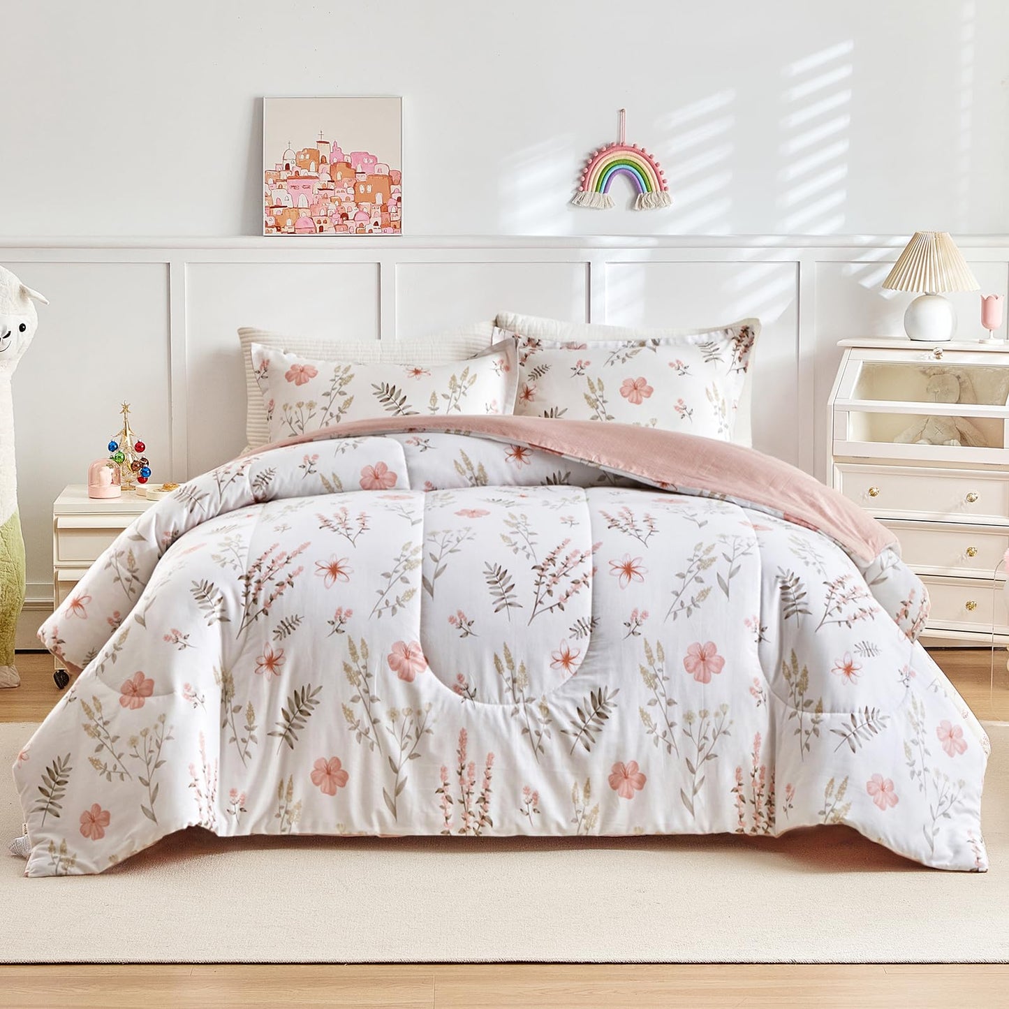 Joyreap 3pcs Floral Cotton Comforter Set for Girls, Pink Flowers n Leaves Botanical Design, Queen Size Soft n Cozy Bedding Comforter Set for All Season- 88x88 inches