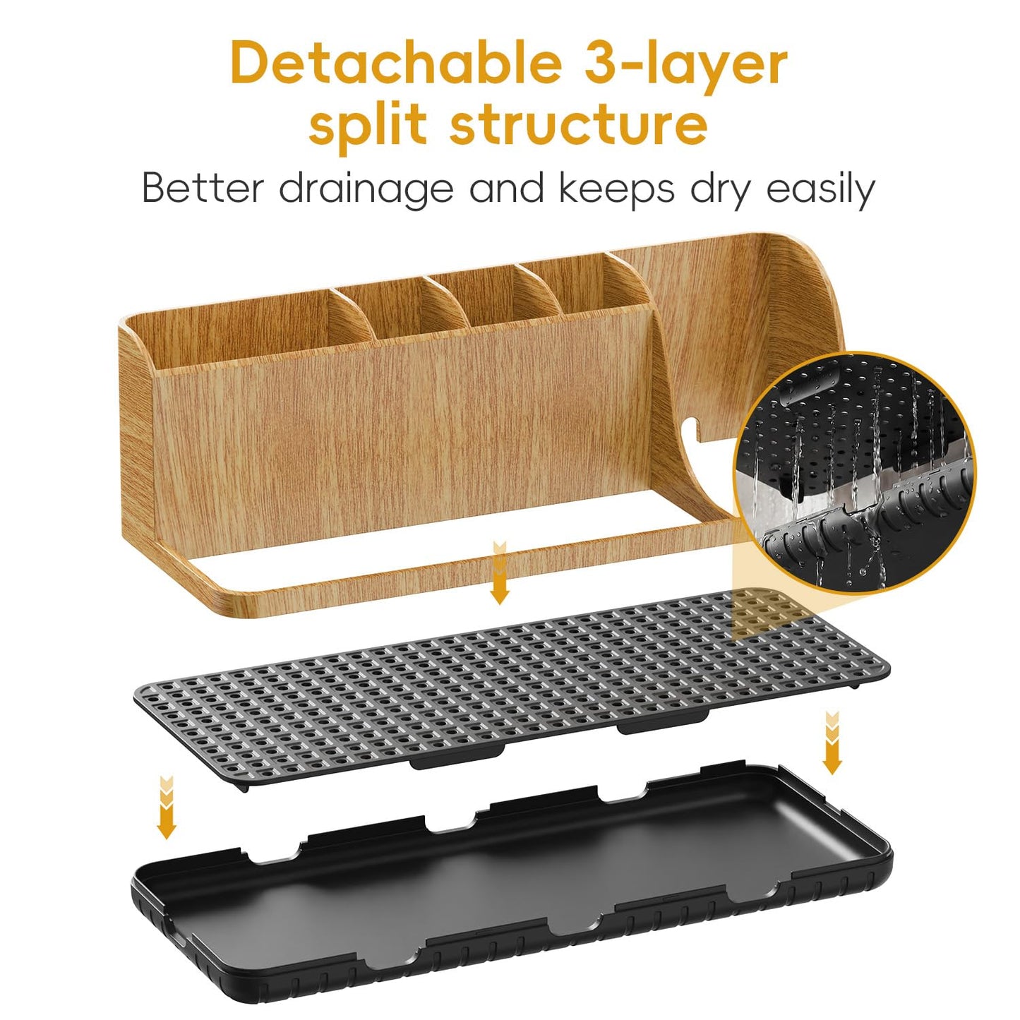 Bathroom Toothbrush Holder Set with 3 PCS Qtip Holders, Bathroom Organizer with Drainage Tray, Kids Electric Toothbrush Holder for Bathroom Countertop Caddy & Storage, Wood