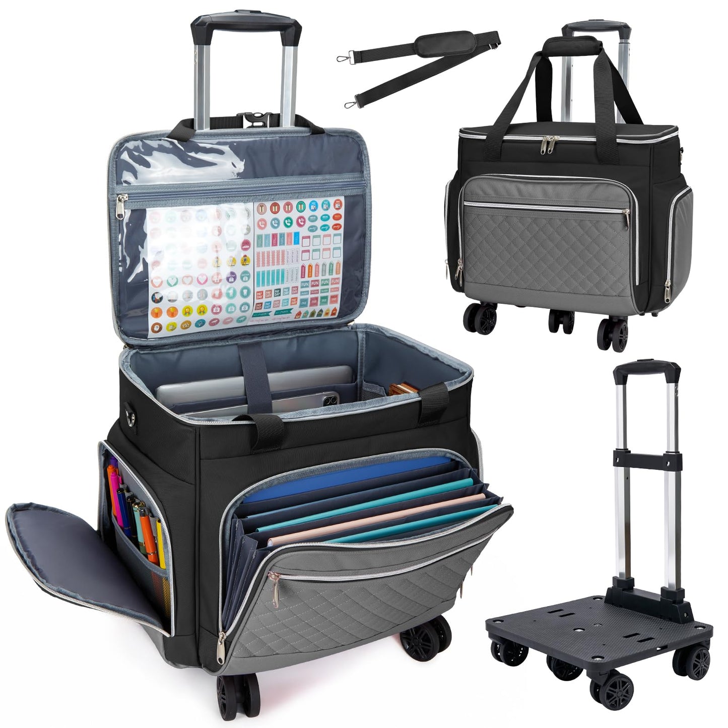 Amythe Rolling Teacher Tote Bag with Accordion File Organizer, 5 Wheels Laptop Briefcase with 15.6" Laptop Compartment, Wheeled Bag for Work, Office, Craft-Black