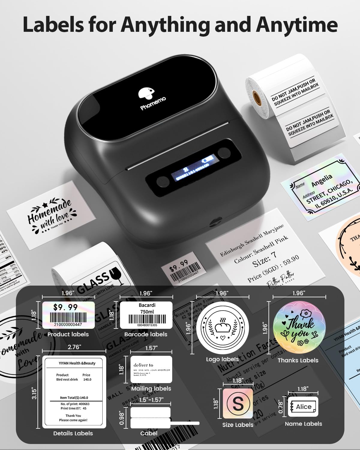Phomemo M220 Bluetooth Label Maker for Christmas, Label Printer for Small Business, Label Maker Machine with Tape, Sticker Printer Compatible with Phone, Tablet & PC