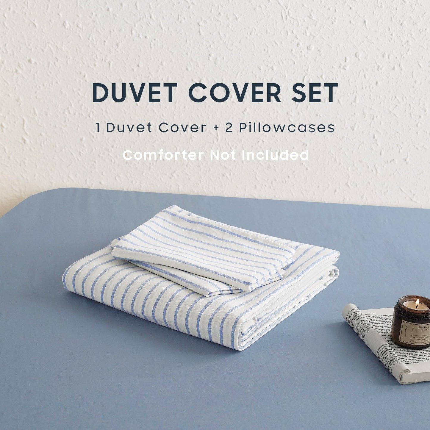 Wake In Cloud - Striped Cotton Duvet Cover Set, Ticking Stripe Vertical Pinstripe Farmhouse, 100% Washed Cotton Bed Bedding Set with Zipper Closure, 3 Pieces, Blue White, Queen Size
