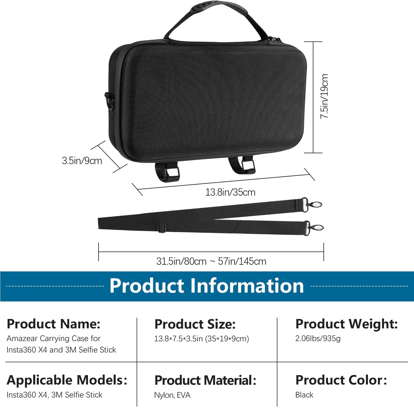 Carrying Case for Insta360 X5 Accessories, Portable Insta 360 X5 X4 Action Camera Waterproof Carry Bag with Shoulder Strap for Travel, Compatible with Insta360 X4, 3M 9.8ft Selfie Stick, Black