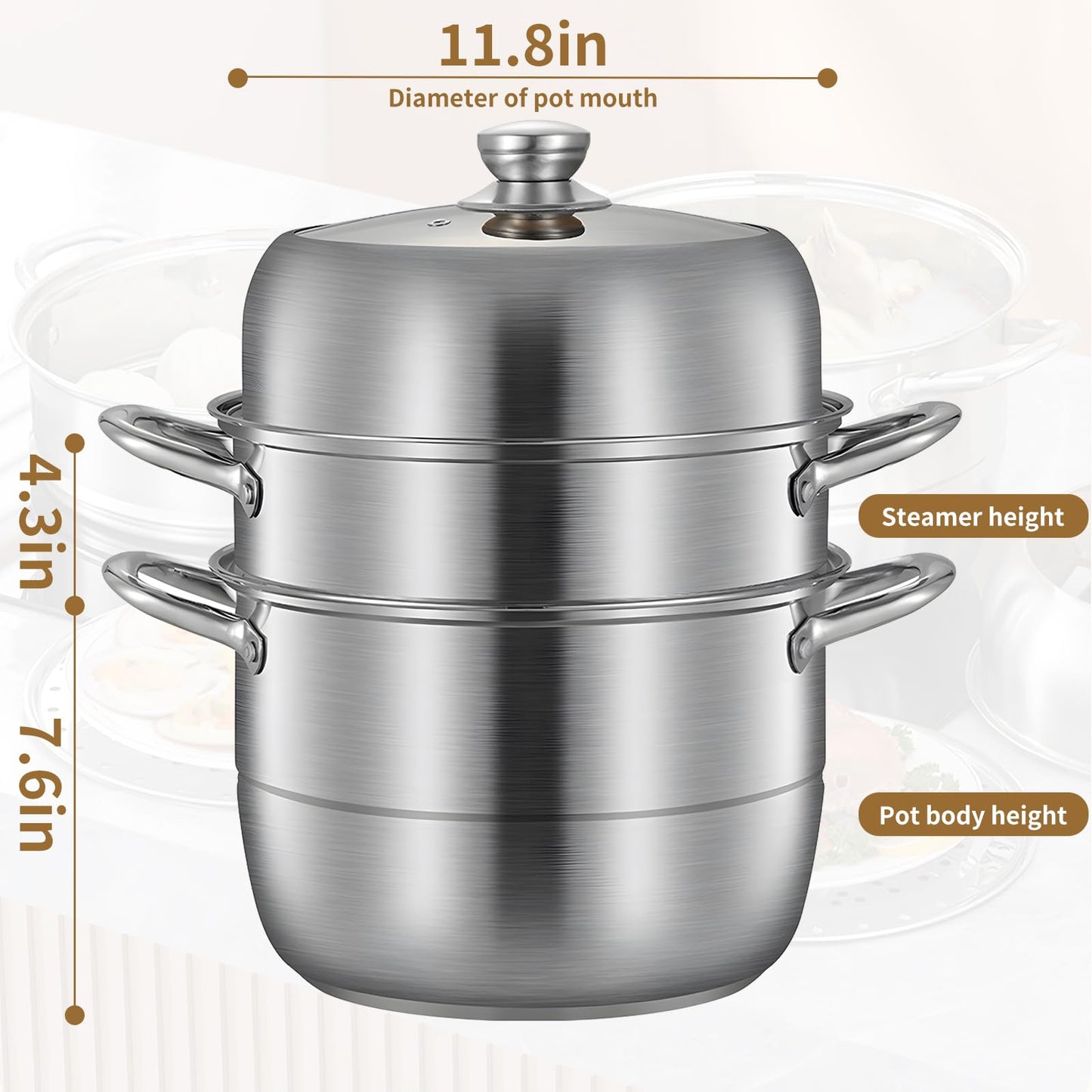 3-Tier Steamer Dia 30cm/11.81" Stainless Steel Boiler Pot with Tempered Glass Lid Steamer Pot with Handles on Both Sides Work with Gas, Electric, Grill Stove Top