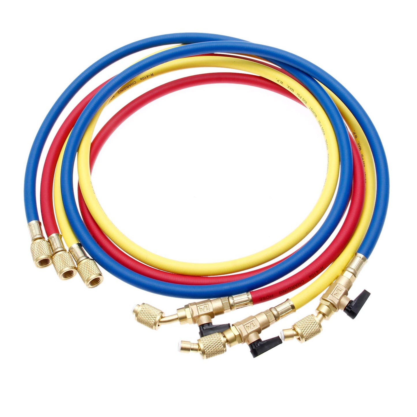 Refrigerant Charging Hose with Ball Valves for R410A R134A R12 R22 R502 R404 Refrigerant Charging Hoses HVAC, 1/4'' SAE HVAC Manifold Hose Set 800 PSI Red/Yellow/Blue (3pcs)
