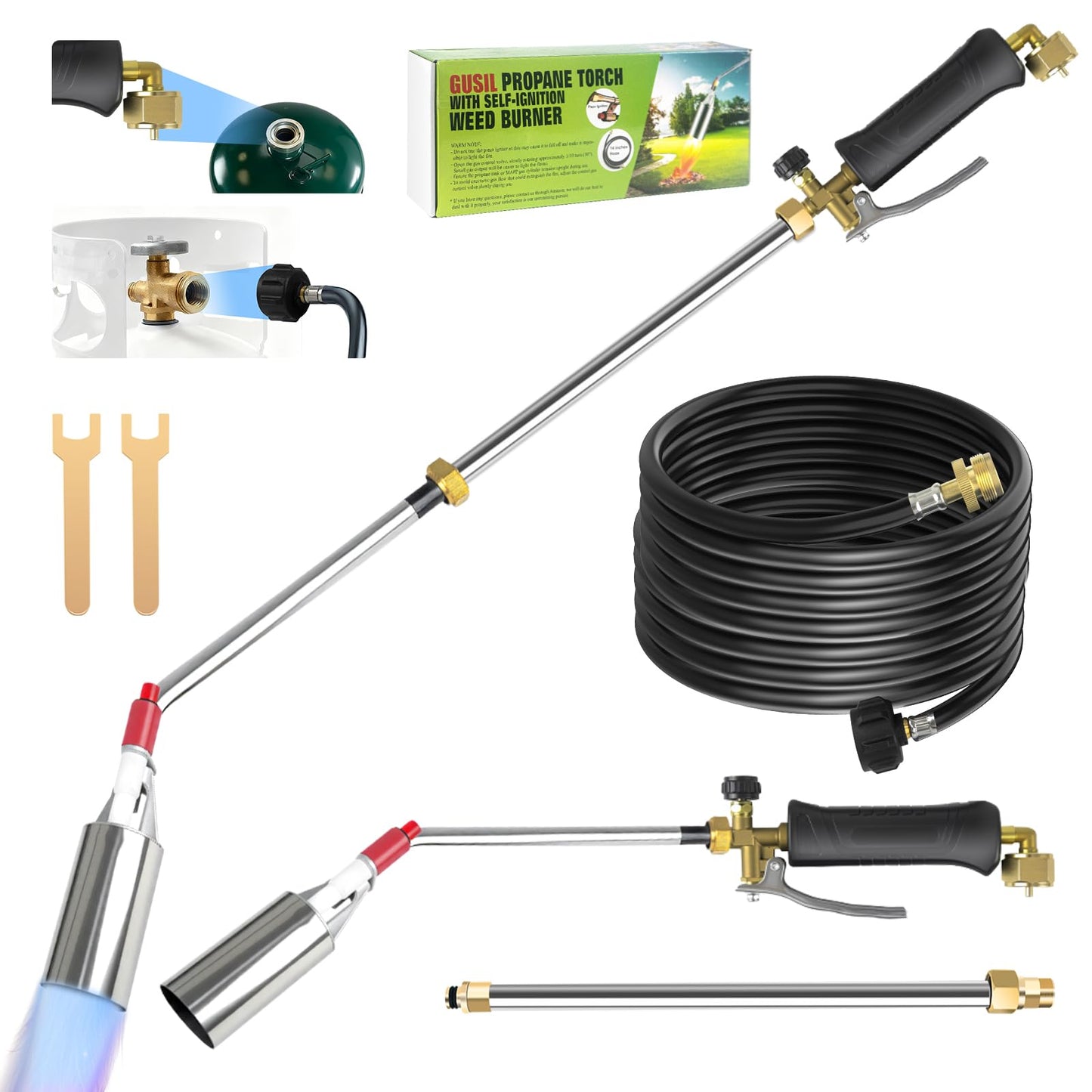 Gusil Propane Weed Torch,2,800,000 BTU Weed Burner Torch with 14FT Hose, Extended Detachable Blow Torch with self-igniter and Turbo Trigger, for Weeding,Roofing,Melting Snow,Road Paint Removing