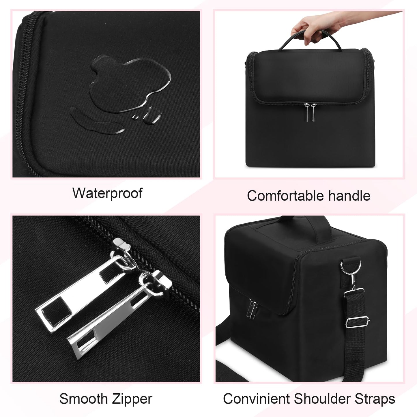 Large Makeup Carrying Train Case for Women,Black Travel Makeup Organizer Bag Storage Box,4 Tier Professional Nail Organizer Case with Adjustable Dividers for Nail Tools Jewelry MakeUp Brushes Toiletry
