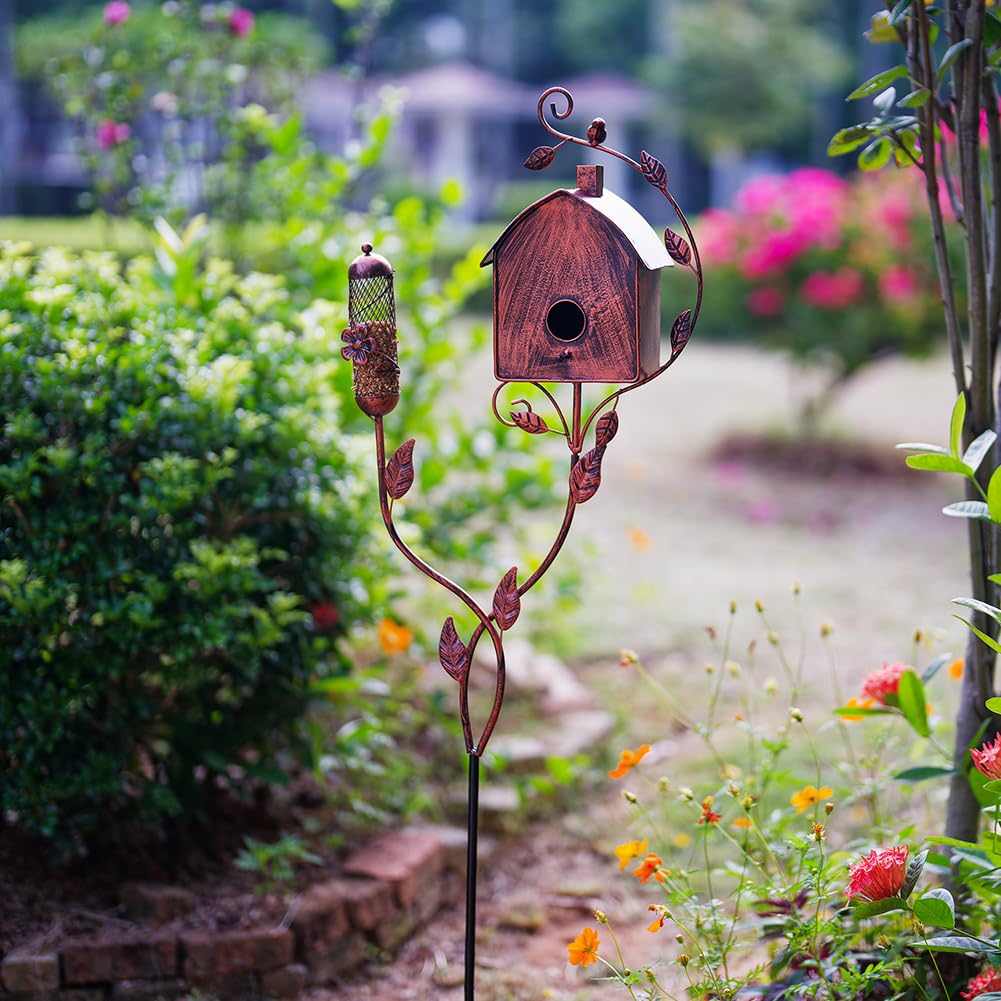 OUTSTAUES Metal Bird Houses for Outside with Pole, Squirrel-Proof Outdoor Bird House with Feeder for Patio Yard Garden Decorations, Copper