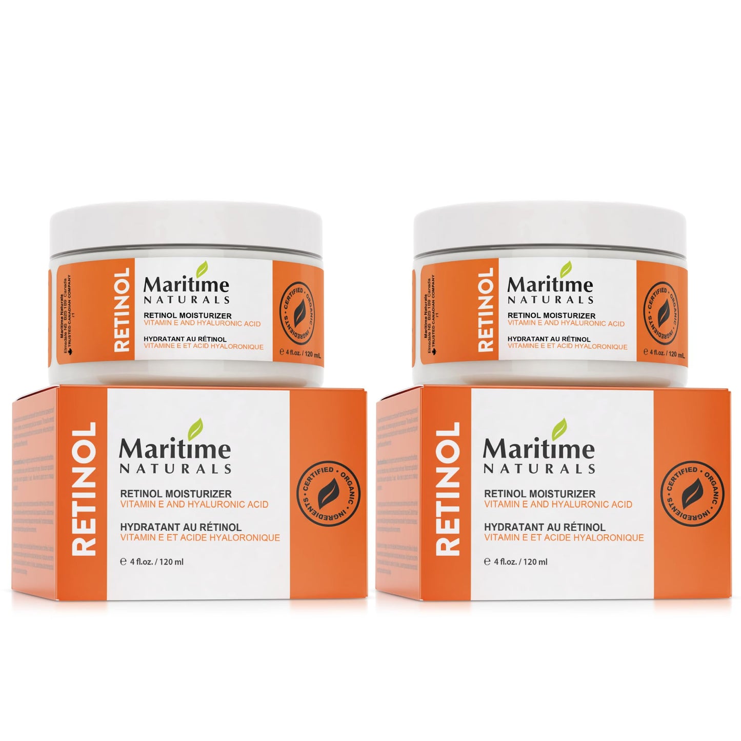 Maritime Naturals Retinol Moisturizer with Hyaluronic Acid & Vitamin E, Face Cream for Women and Men, Organic Ingredients (2 x 120ml) Born in Nova Scotia, Canada