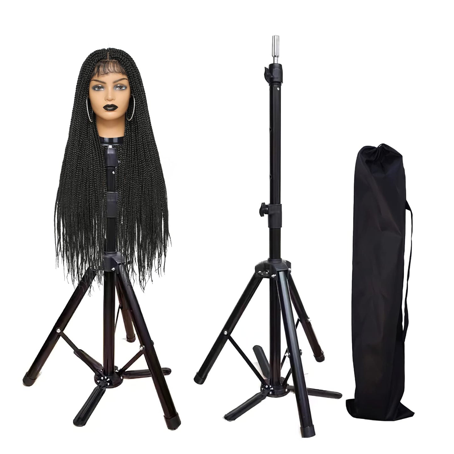 Superhairpieces Sturdy and Adjustable Wig Stand Tripod, Foldable Tripod Metal Mannequin Head Stands - Perfect for Wig Storage, Styling, Hairdressing Training and Display (Black)