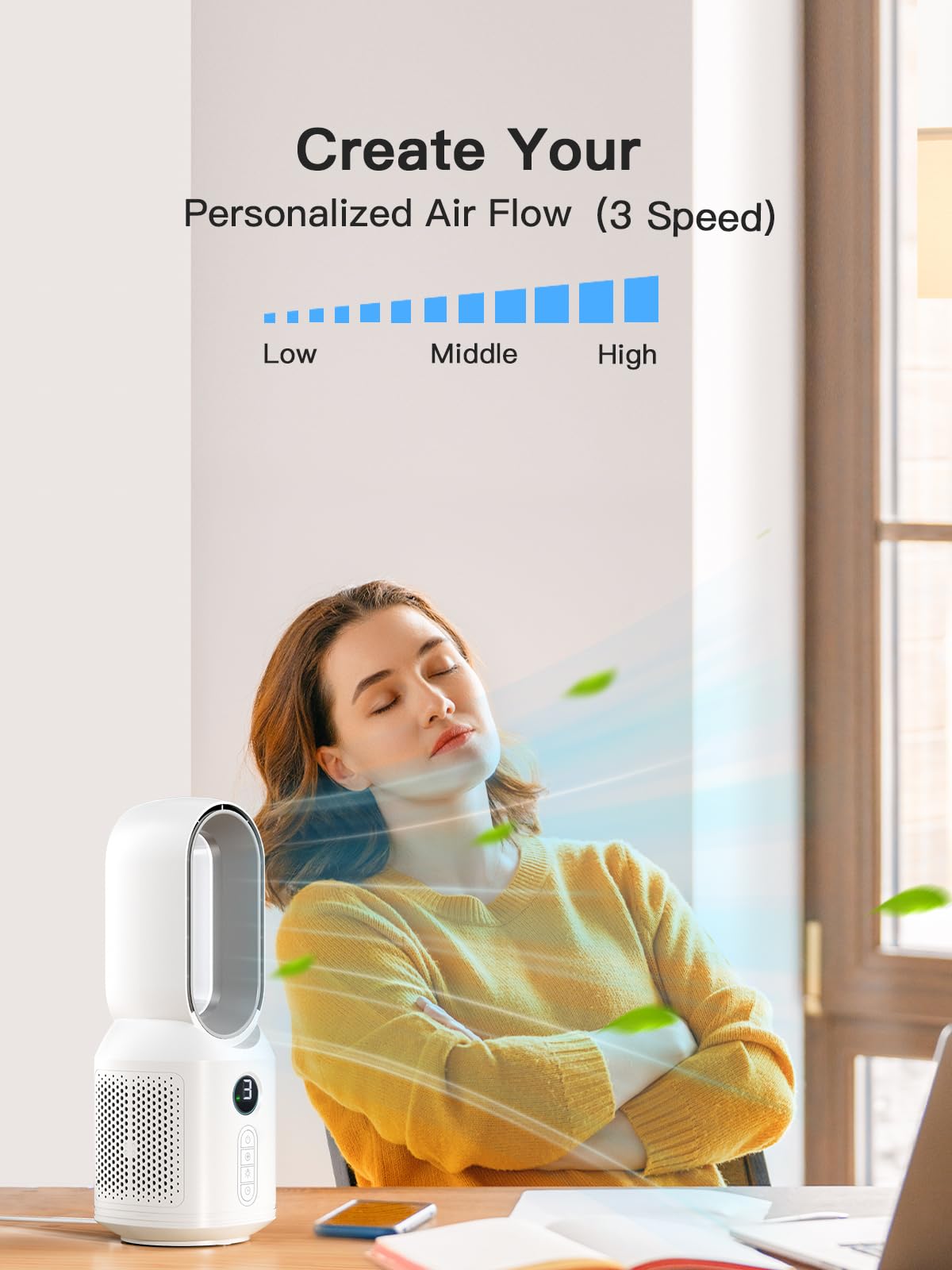 Let'me 13 Inch Desk Fan, Small Bladeless Fan with 9-Hour Sleep Timer, 3 Speeds Cooling Table Fan with Night Light, Quiet Desk Fan for Bedroom, Nightstand, Office